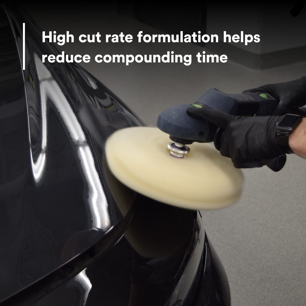 3M rubbing compound before-and-after panel showing restored paint and removed scratches