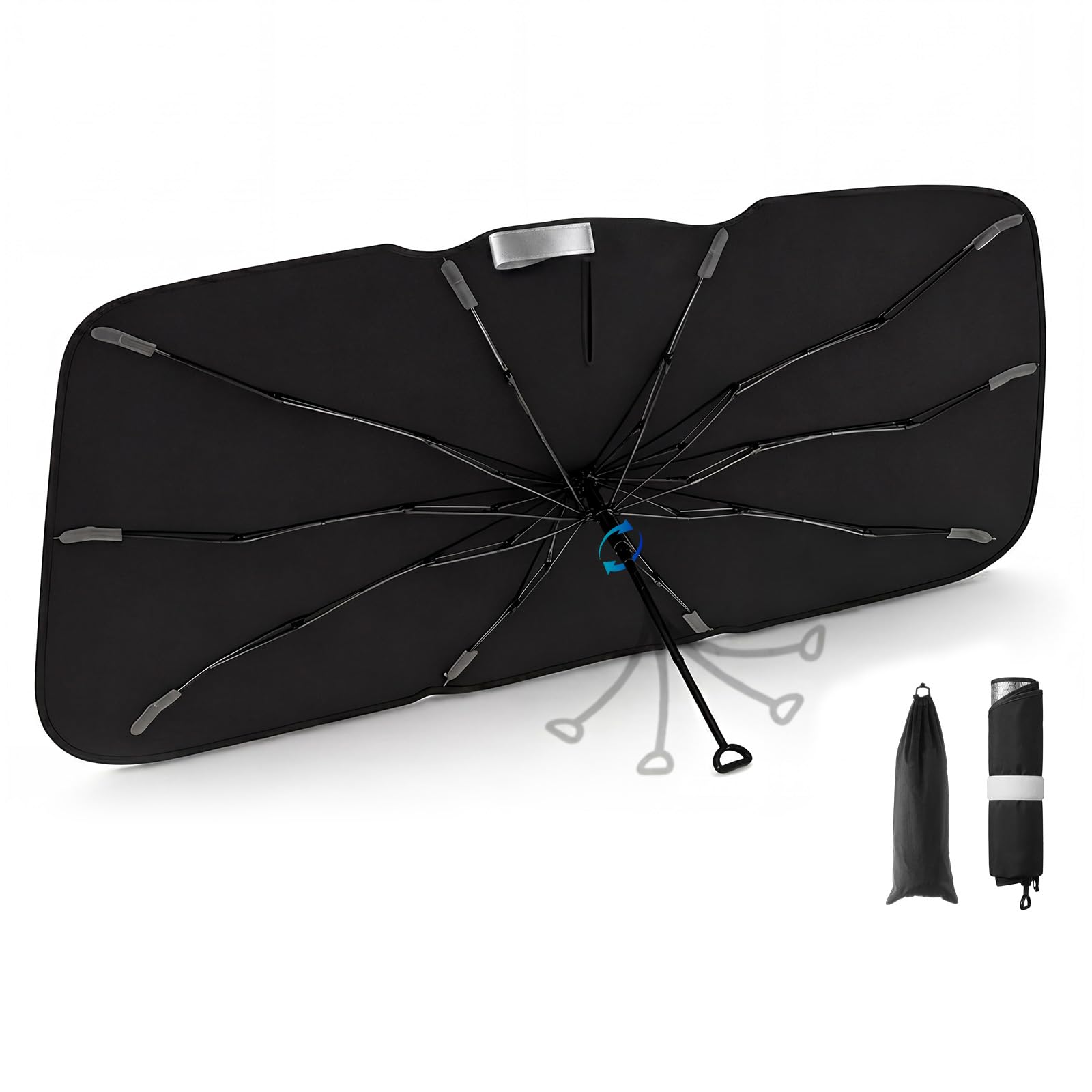 3W front view of deployed sun shade showing full windshield coverage and protection
