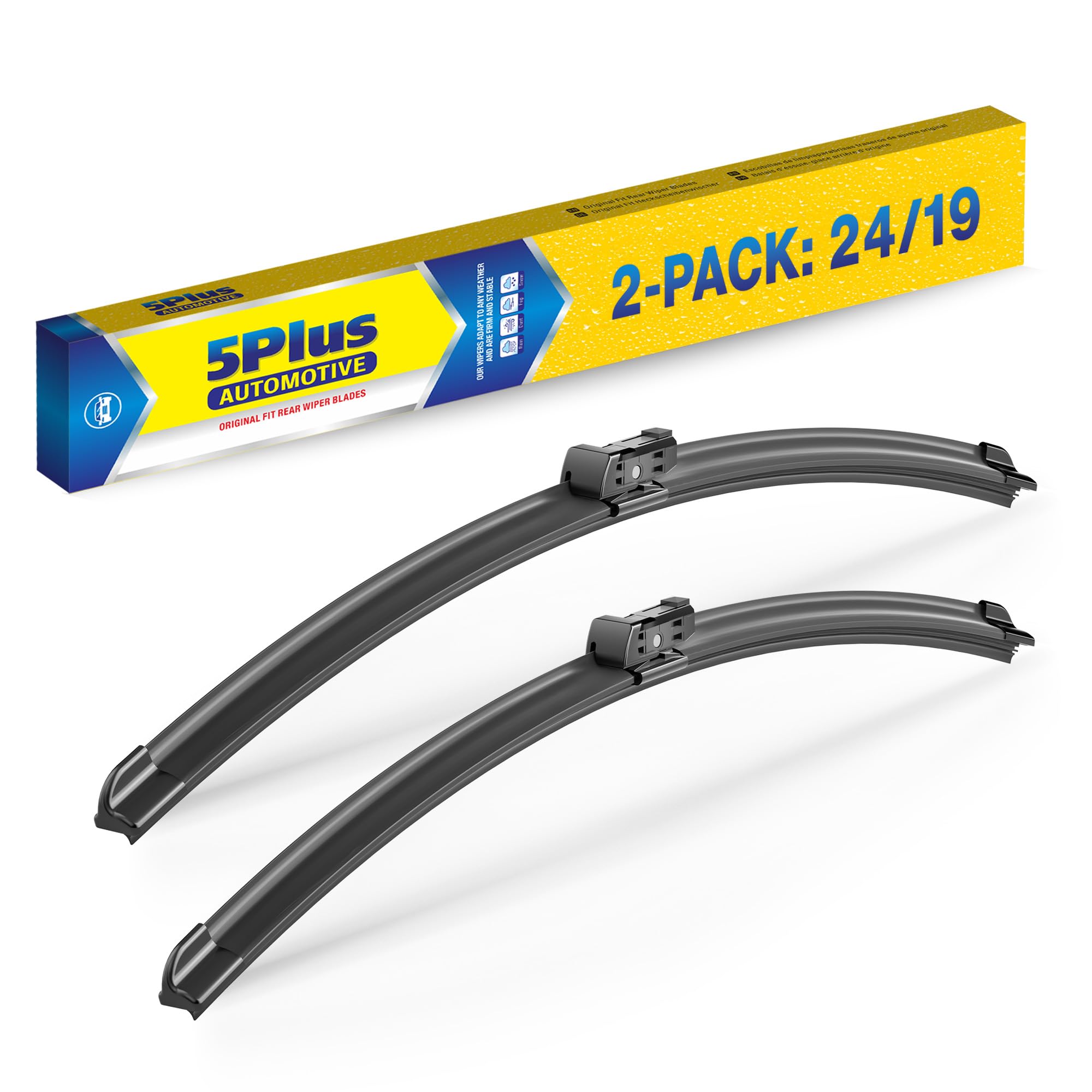 5 PLUS front packaging showing the 24" and 19" blades and clear fit details