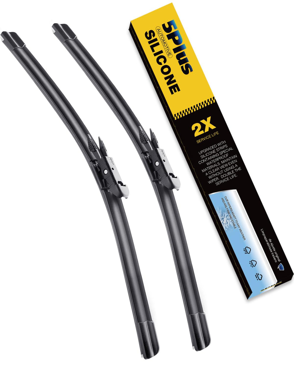 5 PLUS front packaging showing two wiper blades and size labels, clear identification benefit