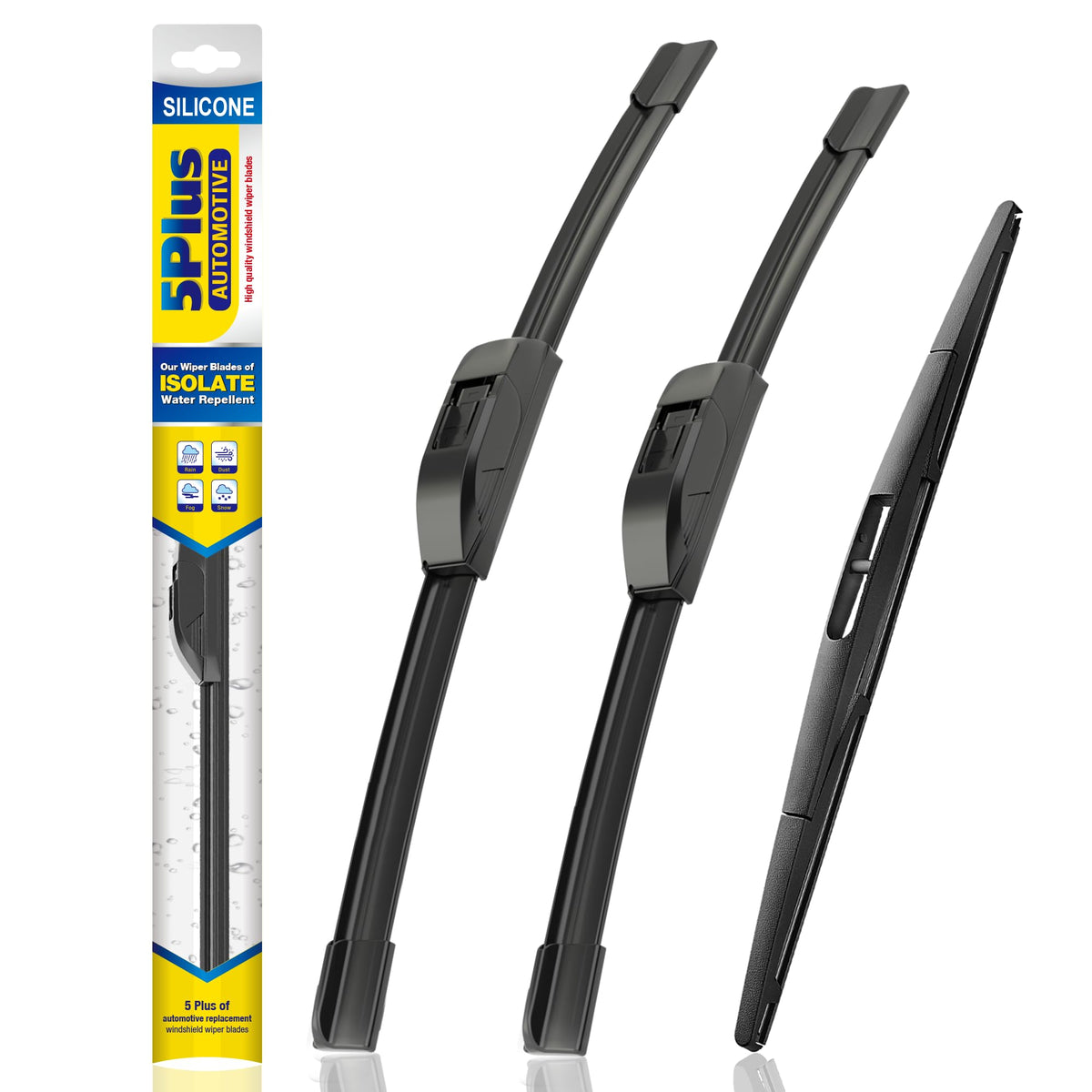 5 PLUS front view of three-pack wipers showing packaging and blade sizes benefits direct fit