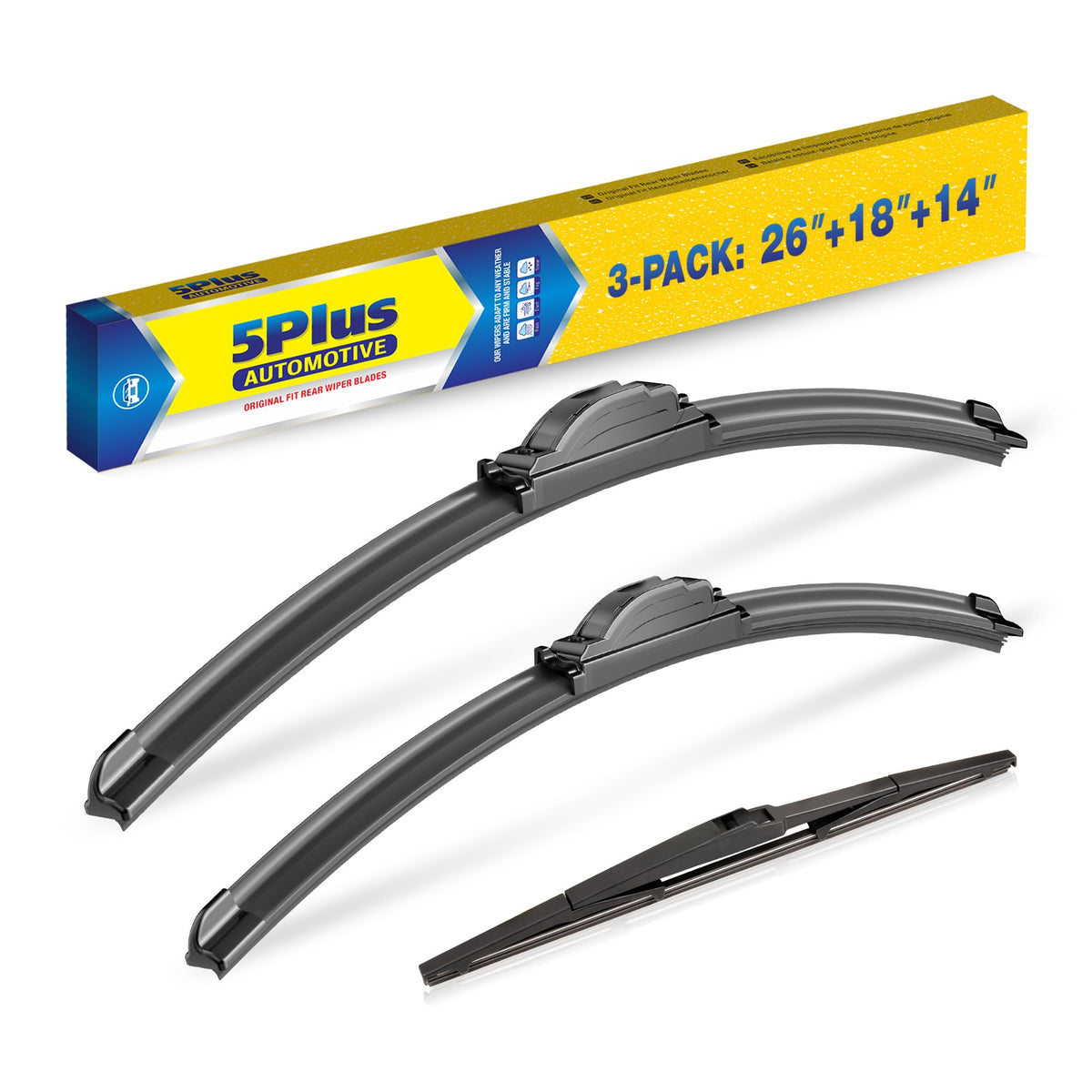 5 PLUS front packaging showing full three-piece wiper kit and fit clarity