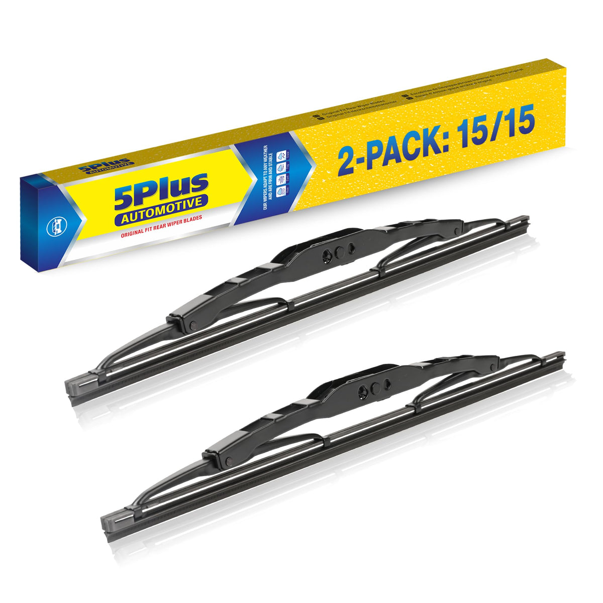 5 PLUS front packaging showing both 15-inch blades and model fit benefit