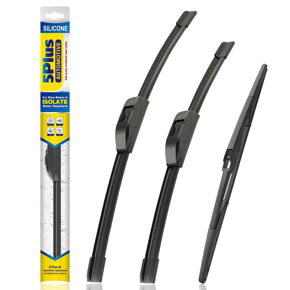 5 PLUS front packaging showing three Prius wipers and sizes, clear fit info