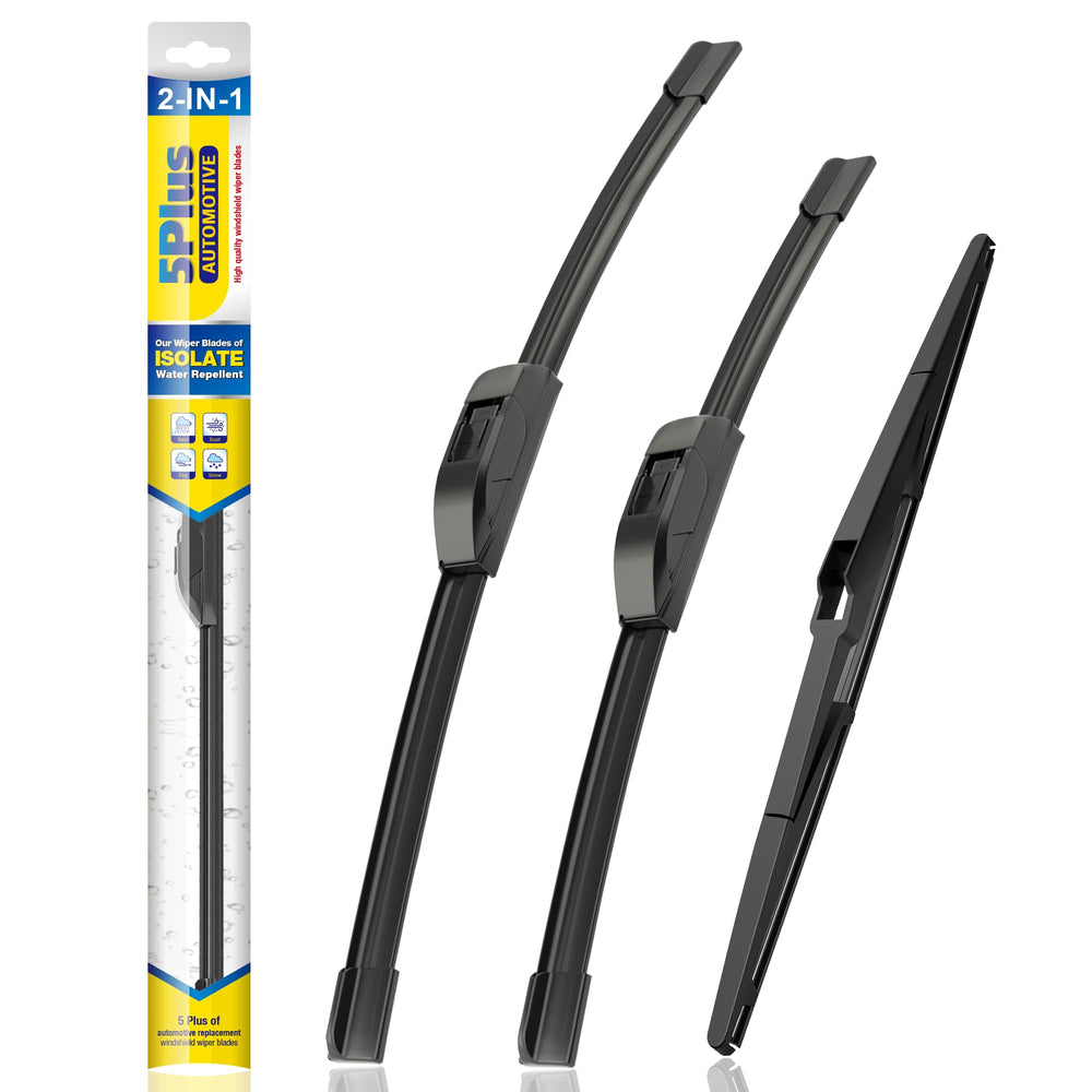 5 PLUS front packaging showing the 3-pack wipers and fitment details, clear identification benefit