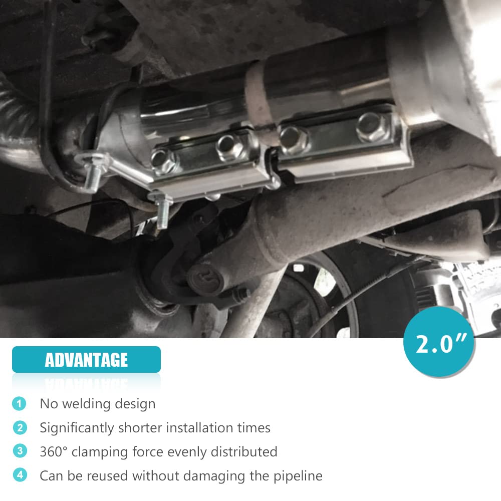A ABIGAIL clamp installed on a 2.0" exhaust pipe, demonstrates leak-resistant mechanical joint