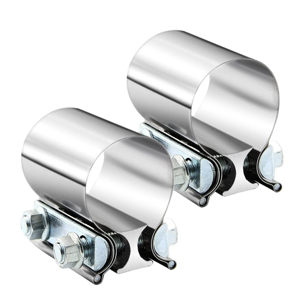A ABIGAIL front view of two 2.0" exhaust clamps showing packaging and contents, durable solution