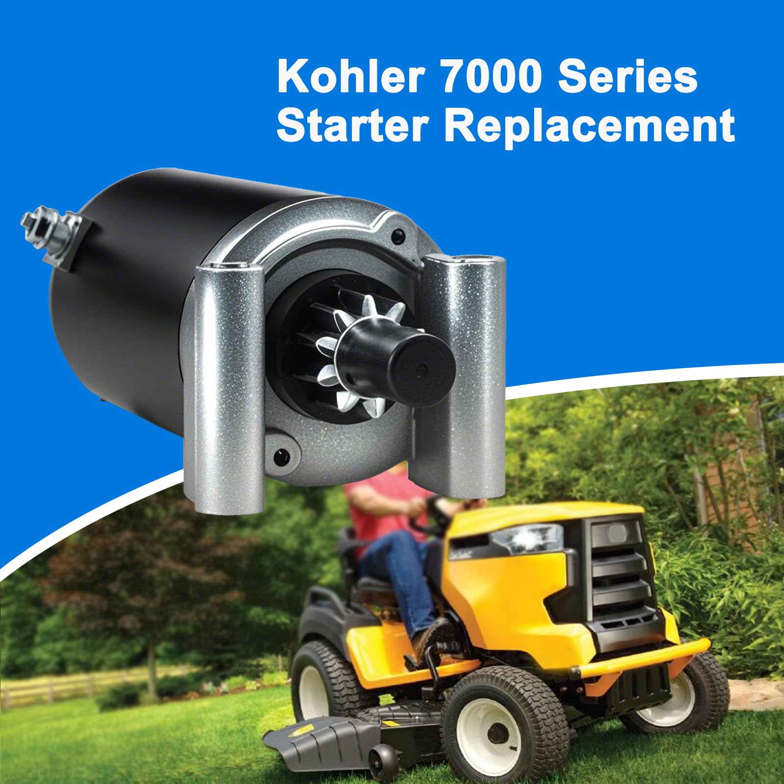A ABIGAIL starter installed on a lawn mower showing direct bolt-on replacement benefit
