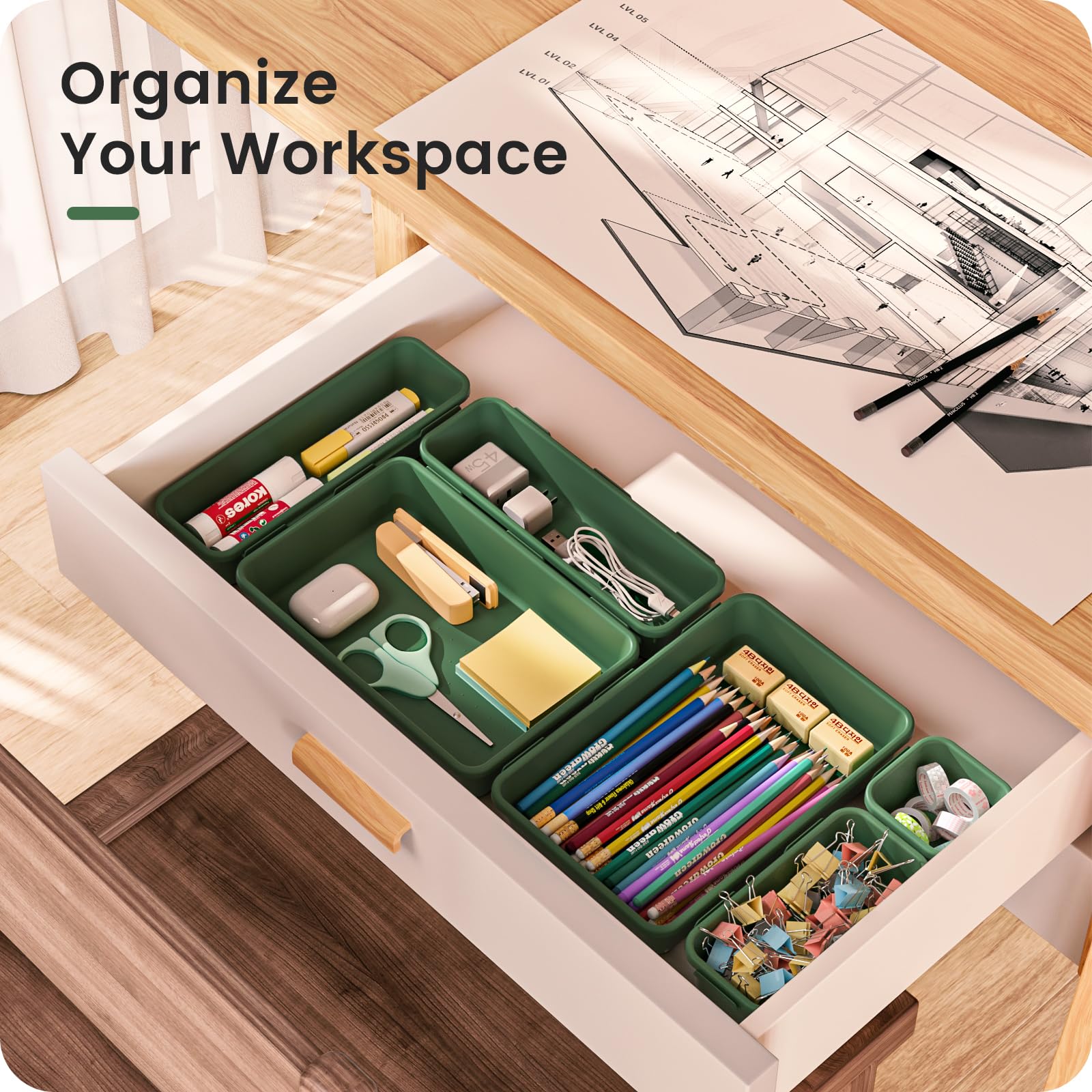 A-LuGei organizer in desk drawer with pens and chargers showing clutter-free workspace benefit