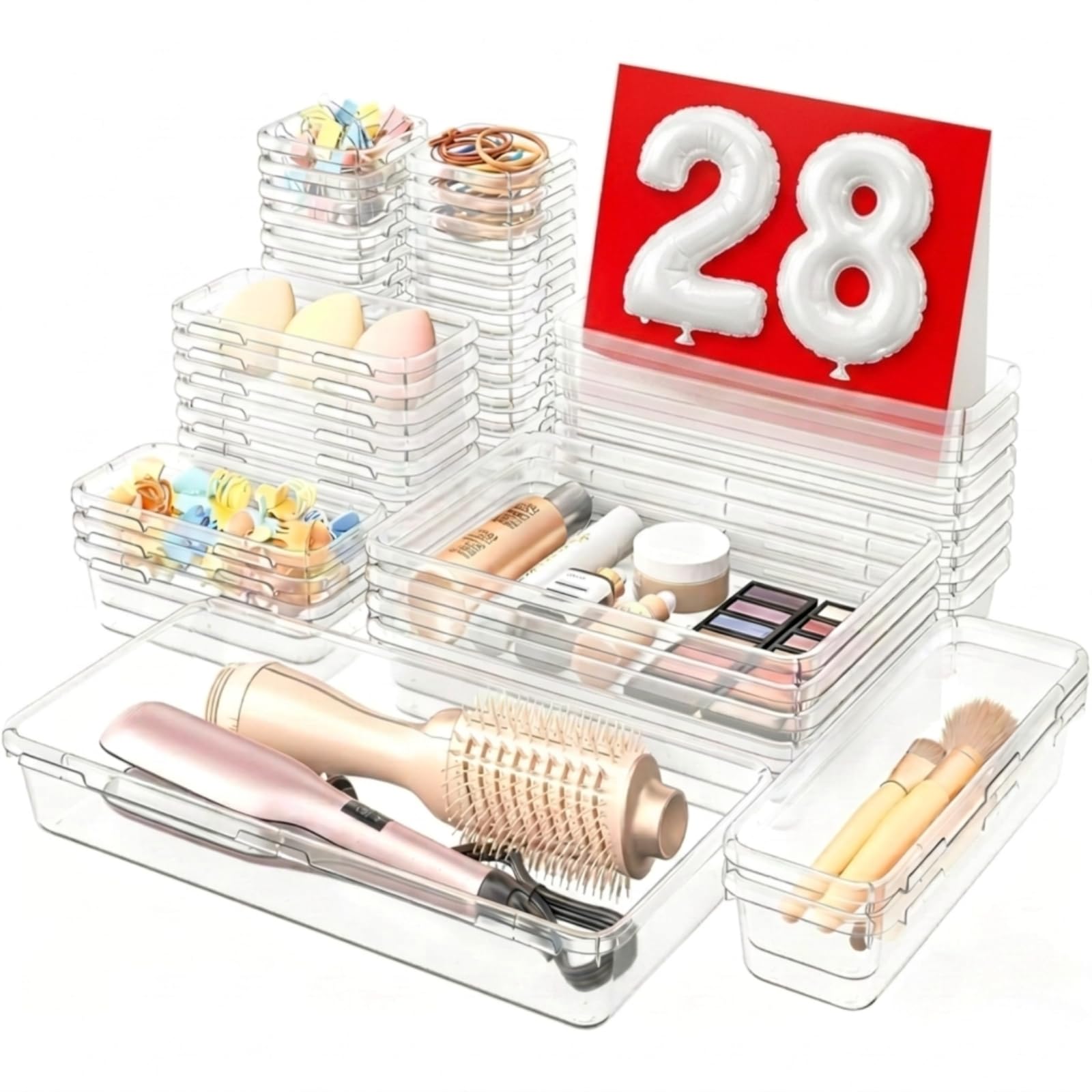 A-LuGei front view of clear 28-piece organizer set showing contents and box