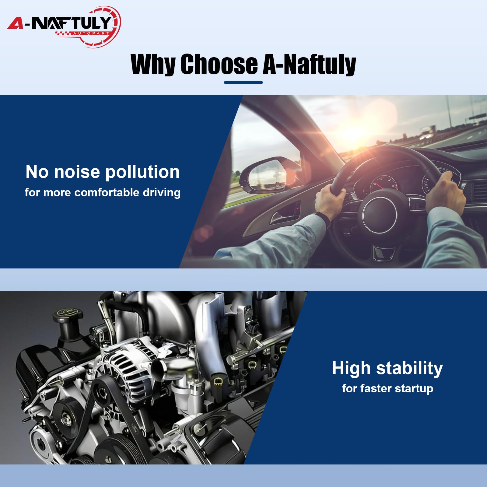 A-NAFTULY alternator installed in engine bay demonstrating direct-fit replacement benefit