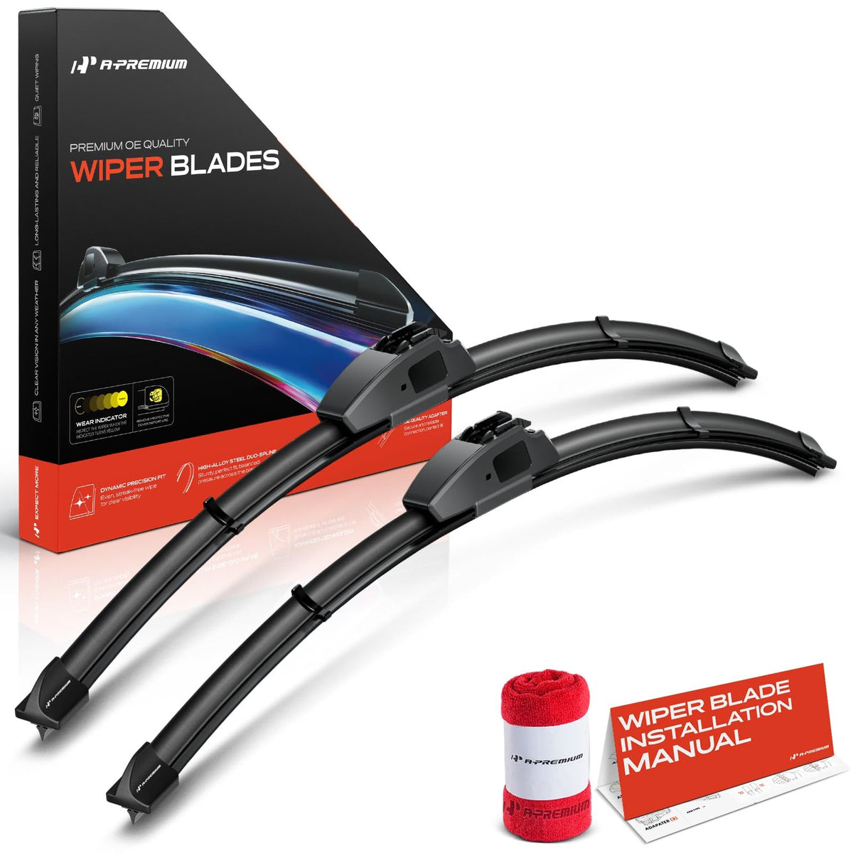 A-Premium front packaging showing wiper pair and towel, clear benefits for buyer
