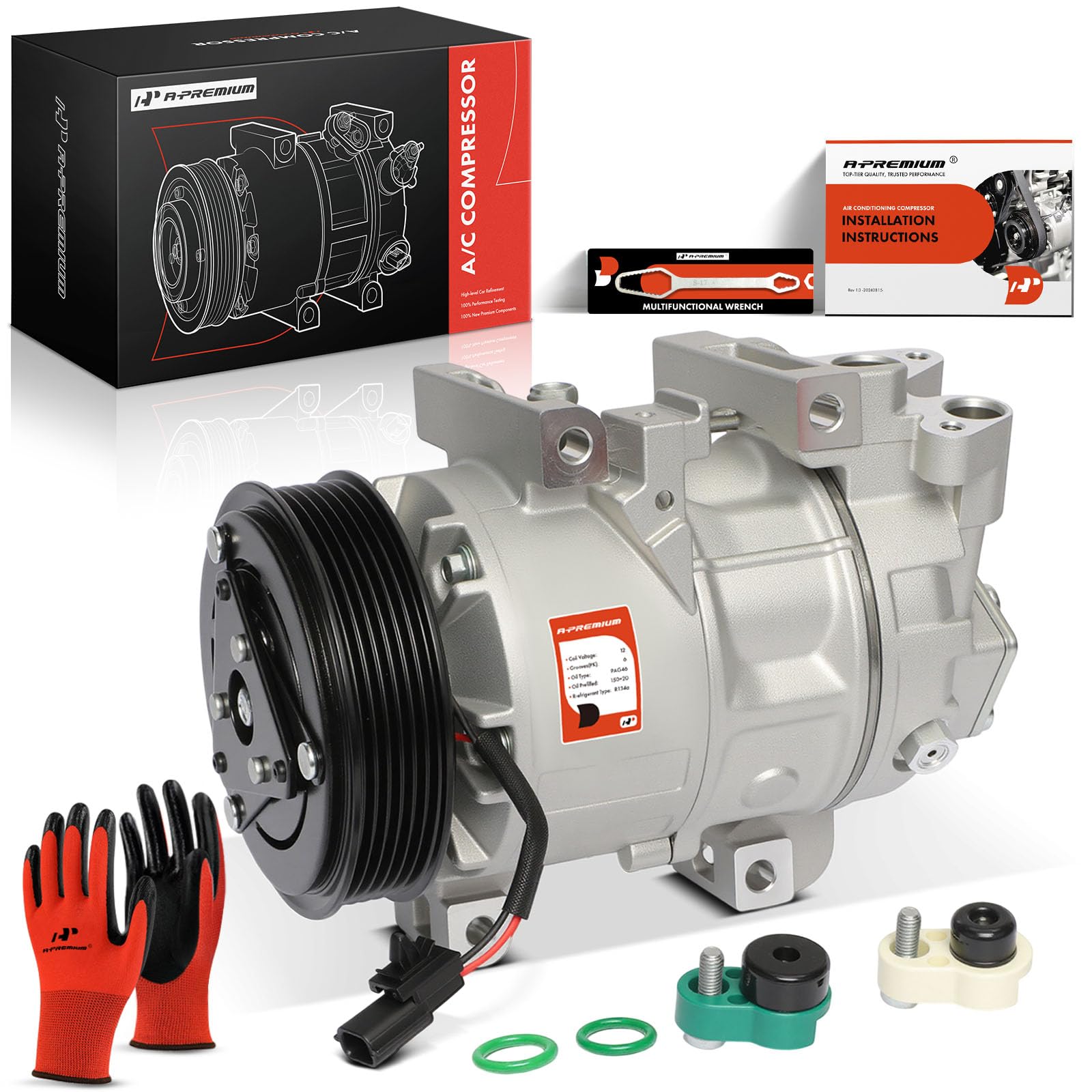 A-Premium front assembly showing full compressor and clutch, improving replacement confidence