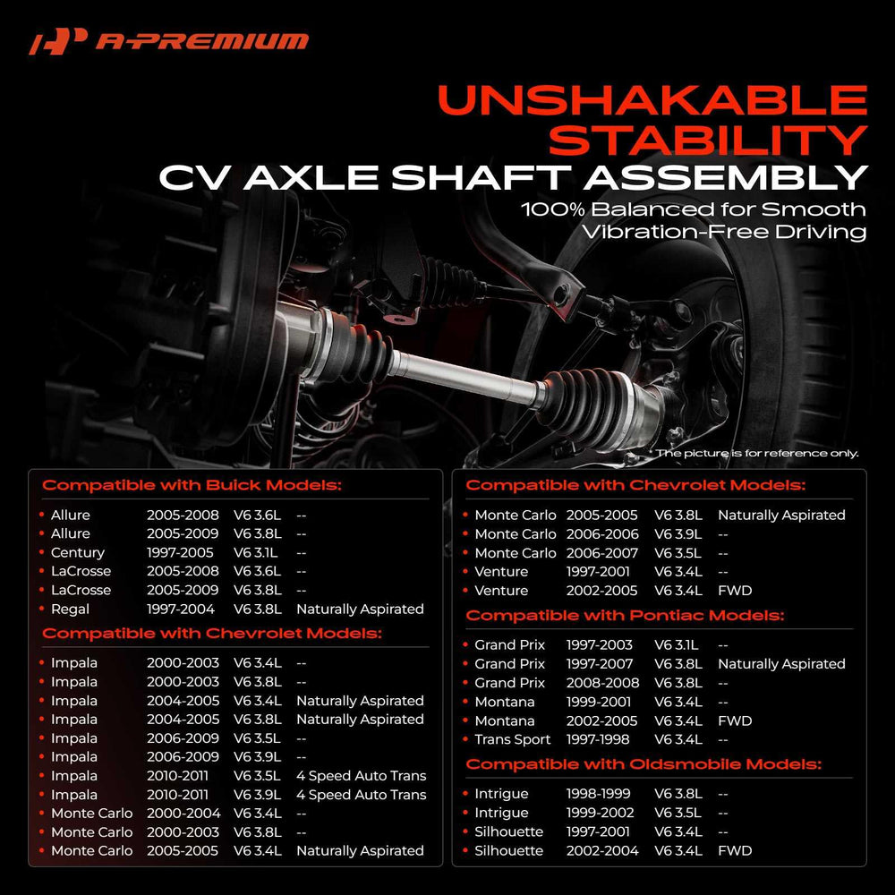 A-Premium axle full-length side profile highlighting direct-fit dimensions