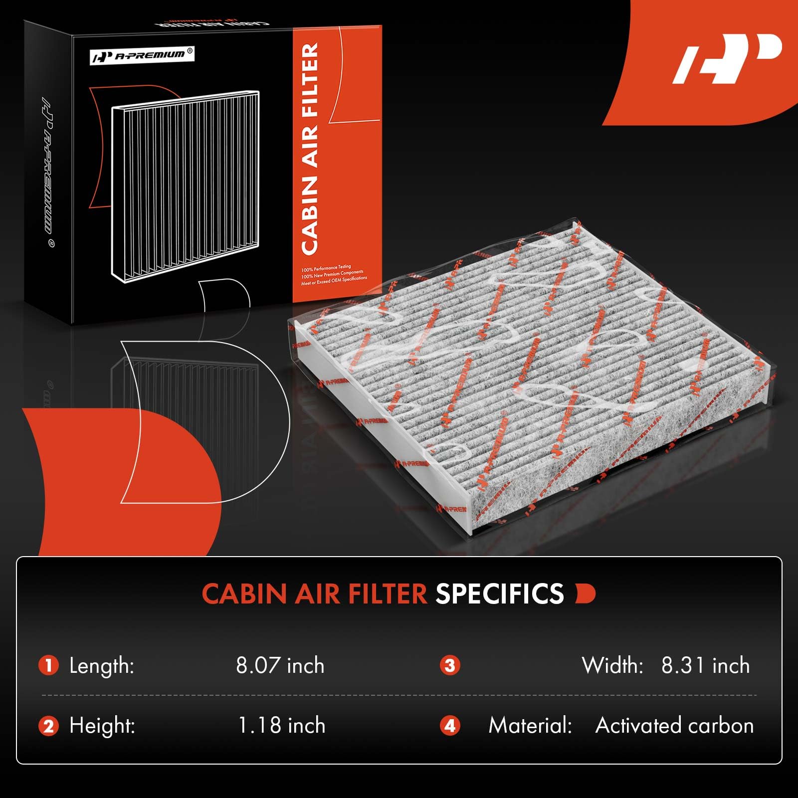 A-Premium cabin air filter front view with activated carbon for odor control
