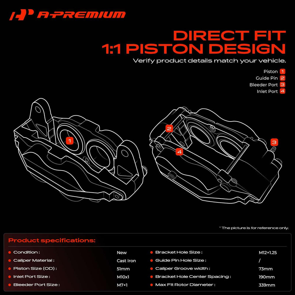 A-Premium caliper close-up of 4 pistons for consistent braking force