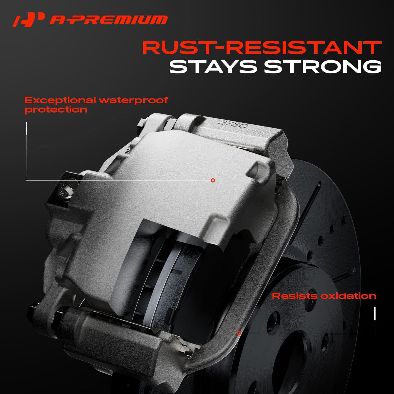 A-Premium caliper label with reference numbers aiding correct part verification and fitment