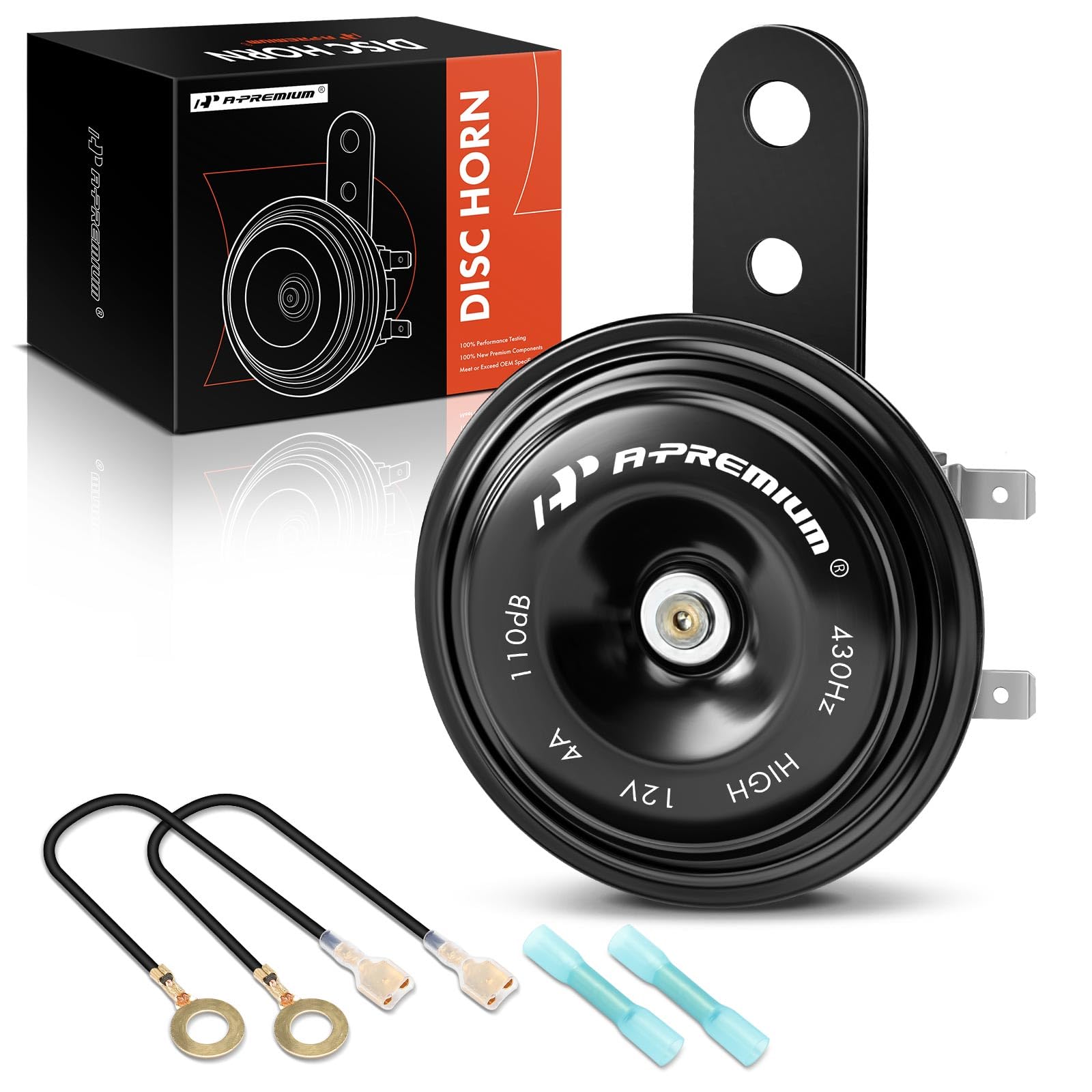 A-Premium disc horn front view showing compact metal housing and loud output