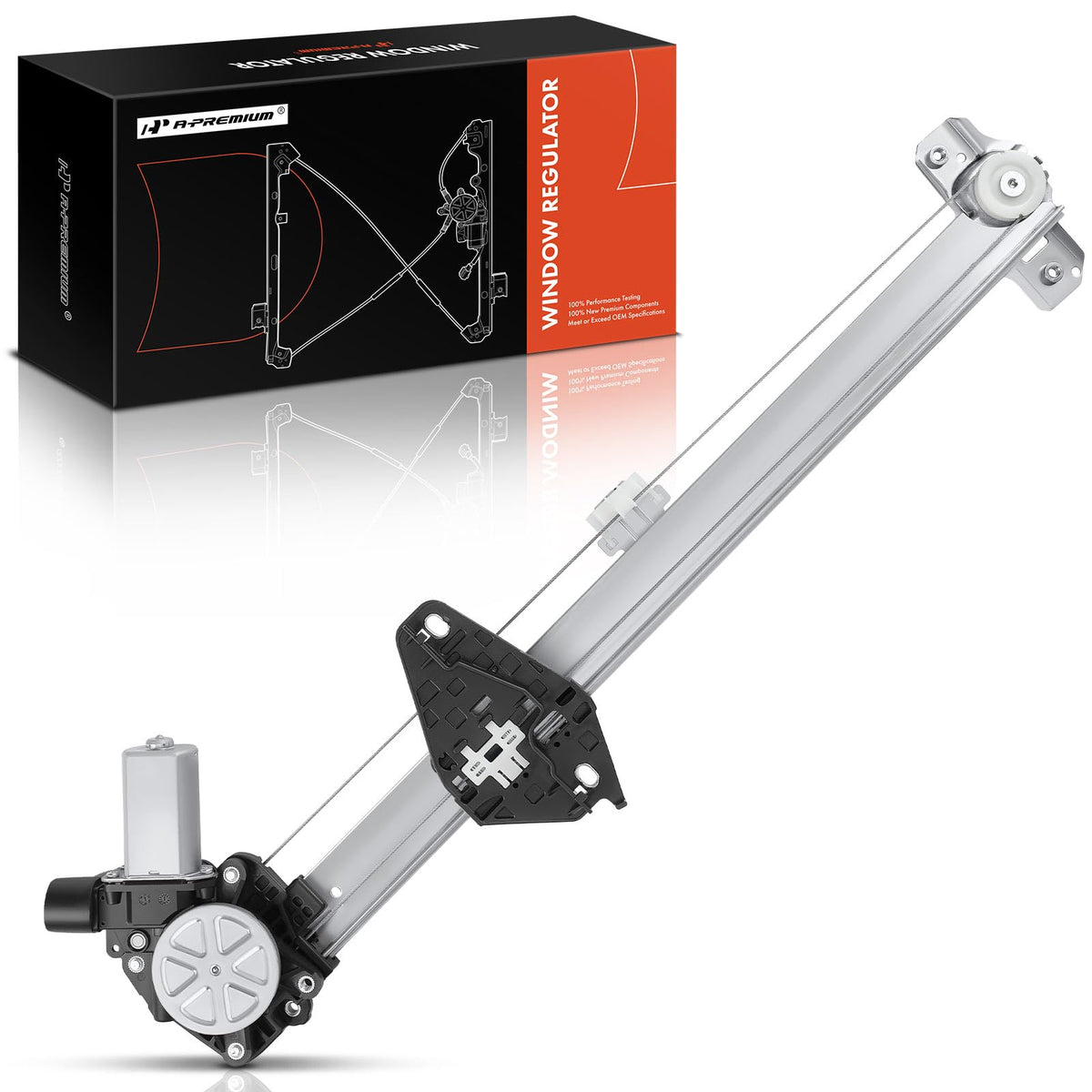 A-Premium front driver regulator assembly showing full unit and benefits