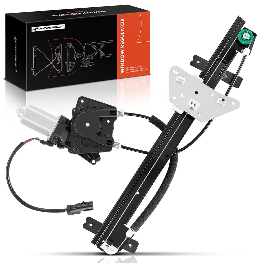 A-Premium front driver side regulator in packaging showing ready-to-install benefits