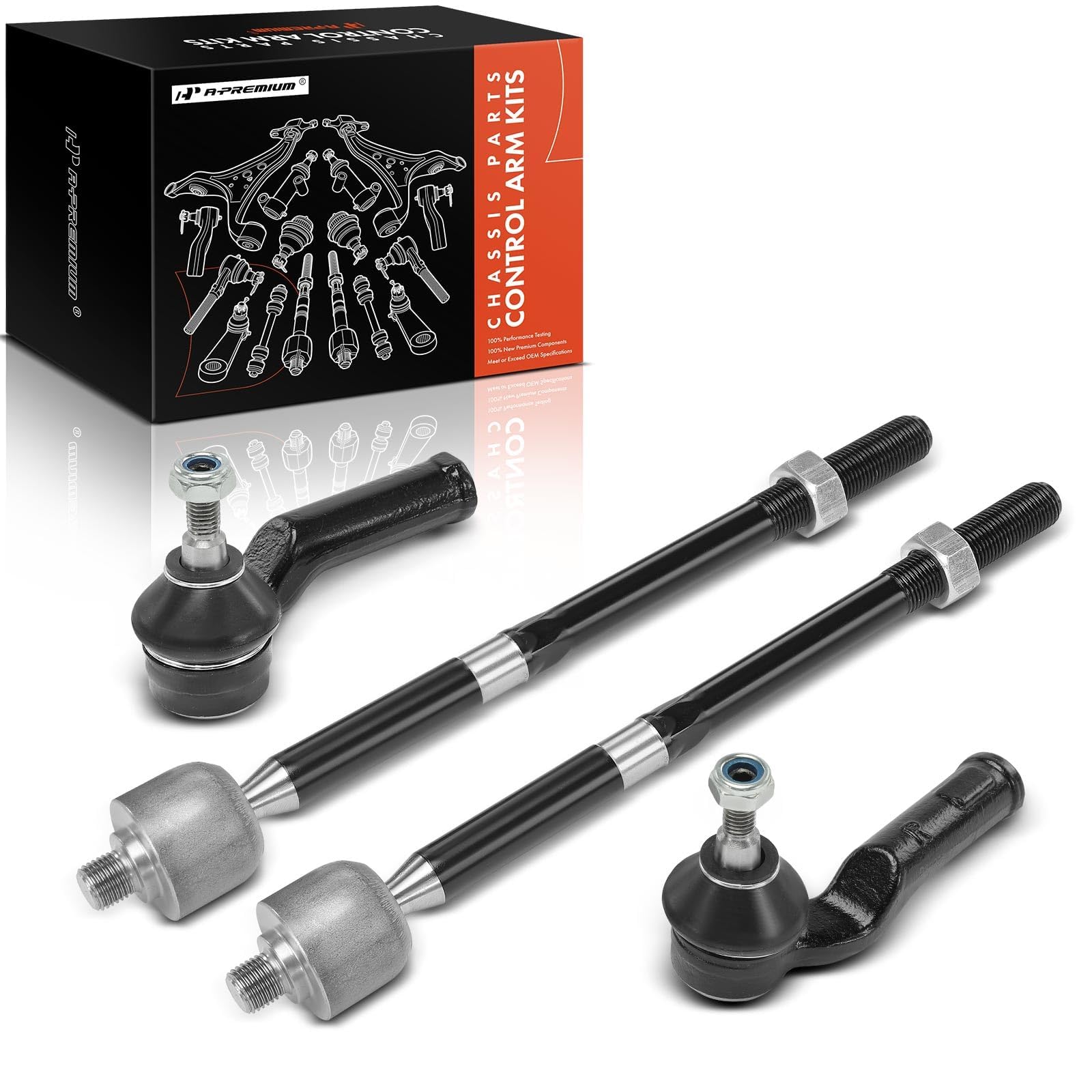 A-Premium boxed front tie rod kit showing complete contents and fitment benefit