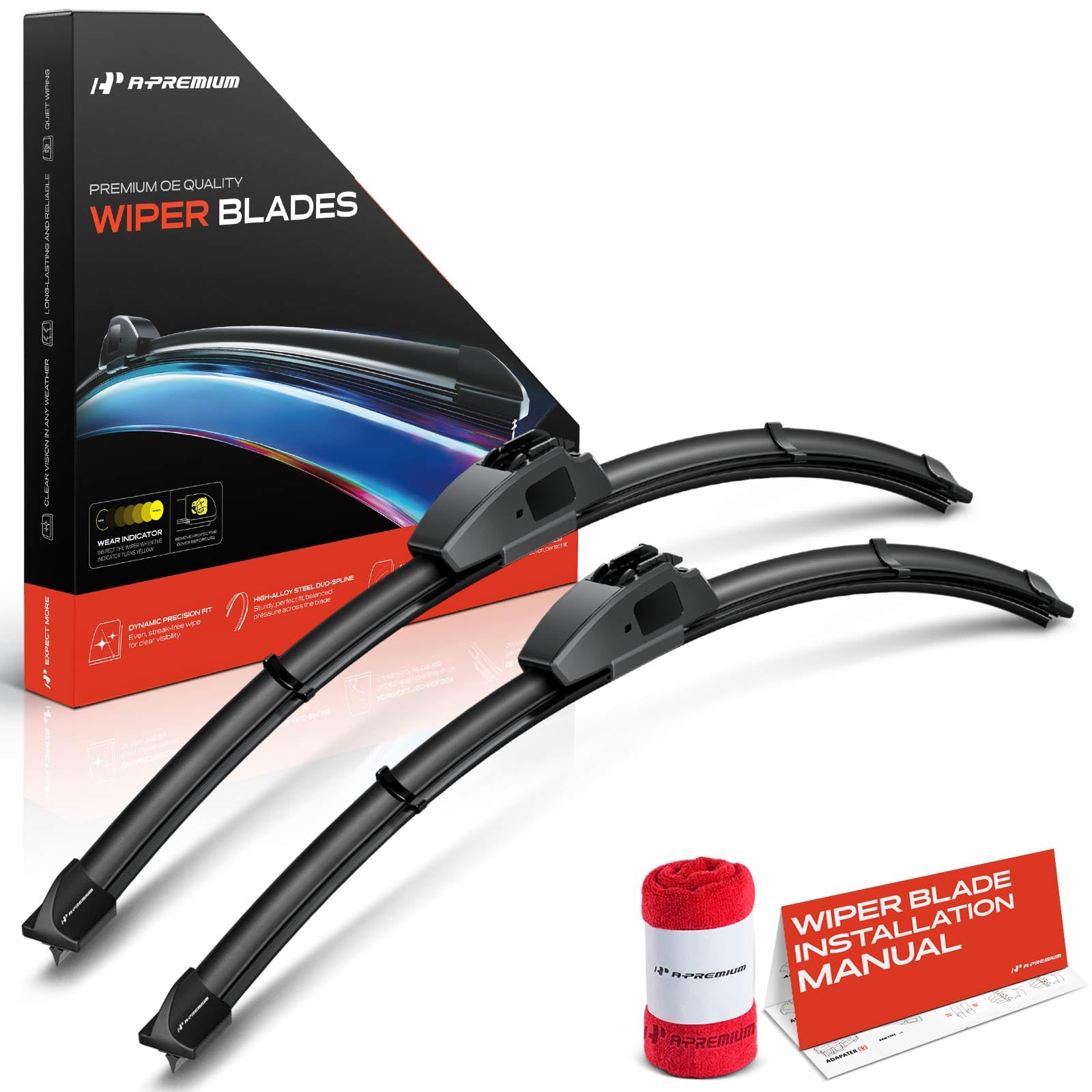 A-Premium front packaging of 24 inch wiper set showing contents and benefit