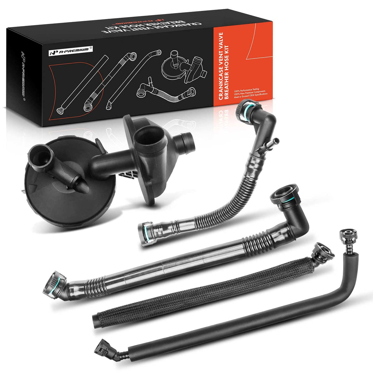 A-Premium front view of crankcase vent valve breather hose kit showing complete contents and fitment benefit