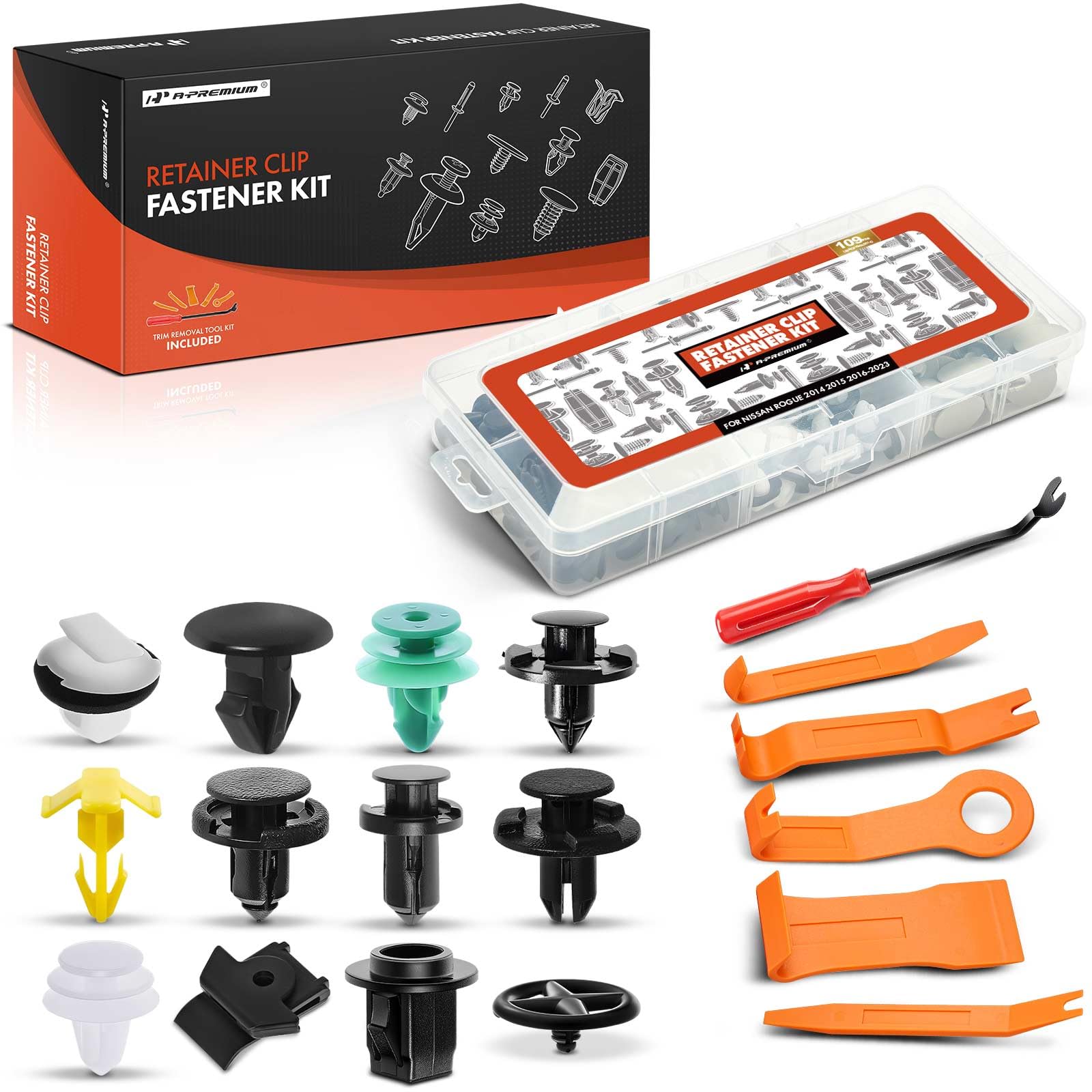 A-Premium front packaging showing full Nissan Rogue clip kit and benefits