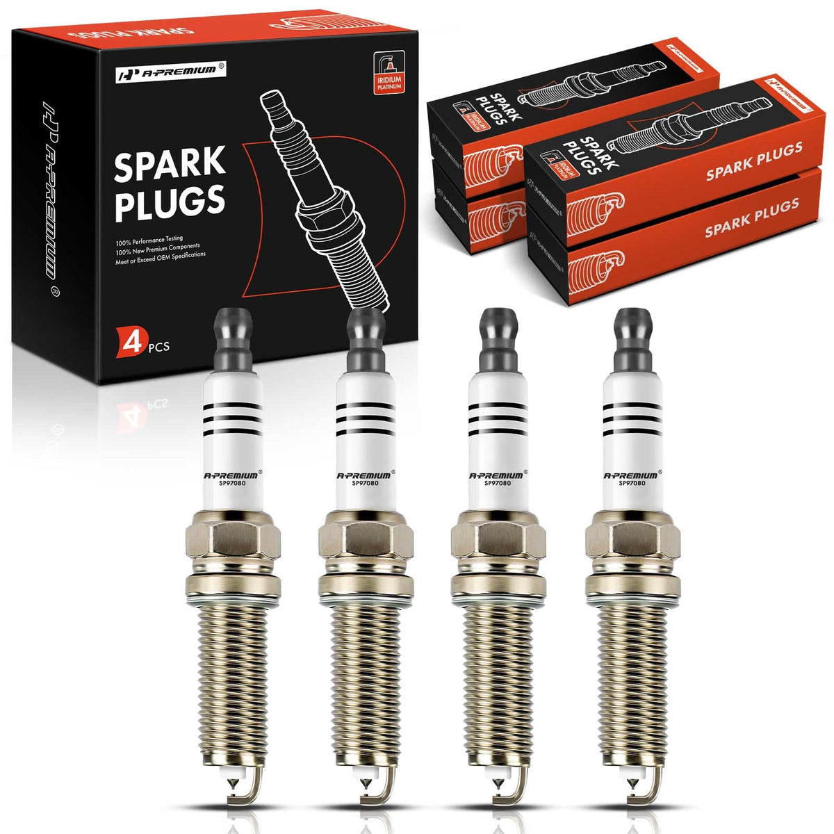 A-Premium front packaging showing pack of four spark plugs and clear vehicle fitment benefit