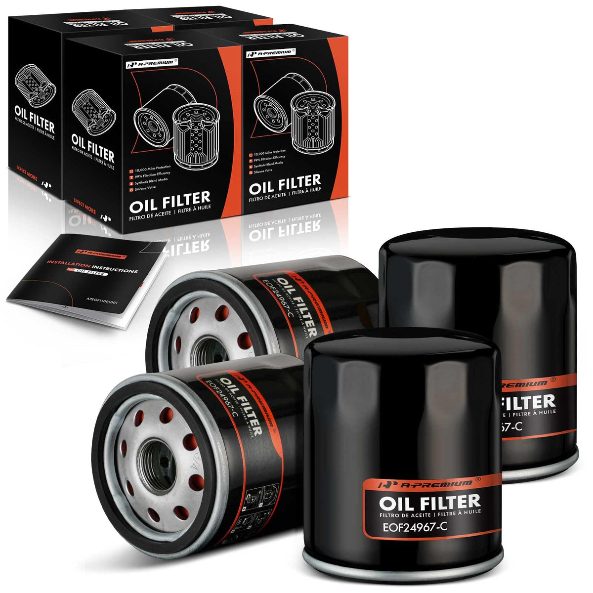 A-Premium front packaging showing four sealed spin-on oil filters and protection benefits