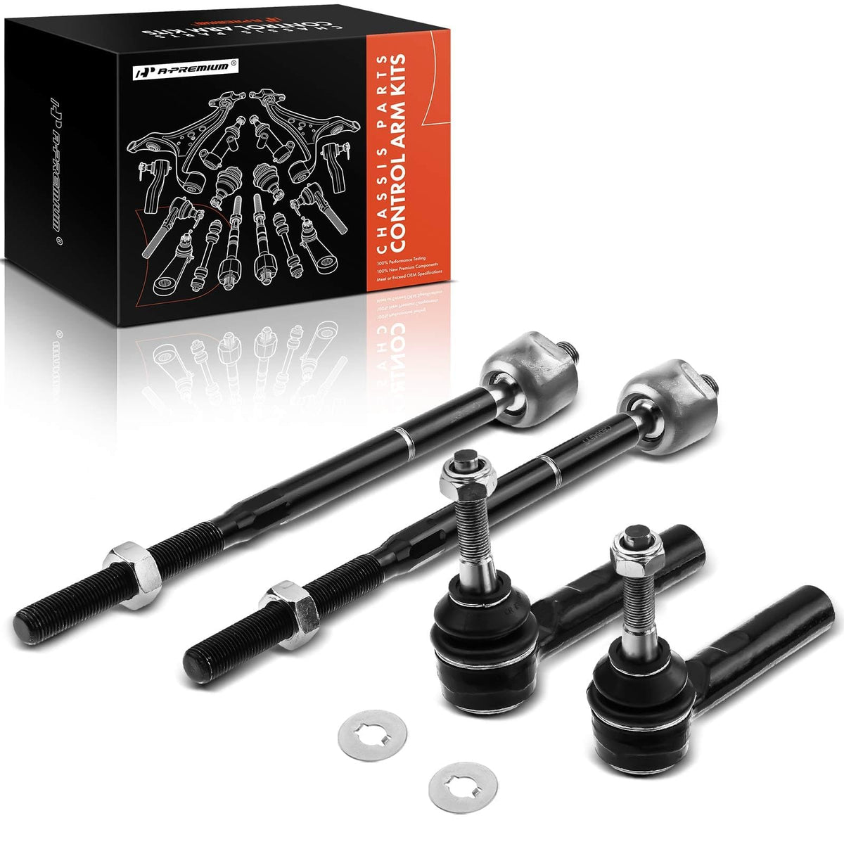 A-Premium kit packaging showing all four front tie rod ends and accessories, ready to install