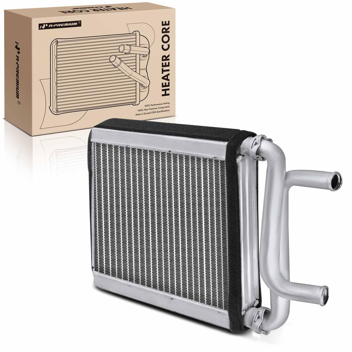 A-Premium heater core front view showing compact aluminum design and direct-fit benefits