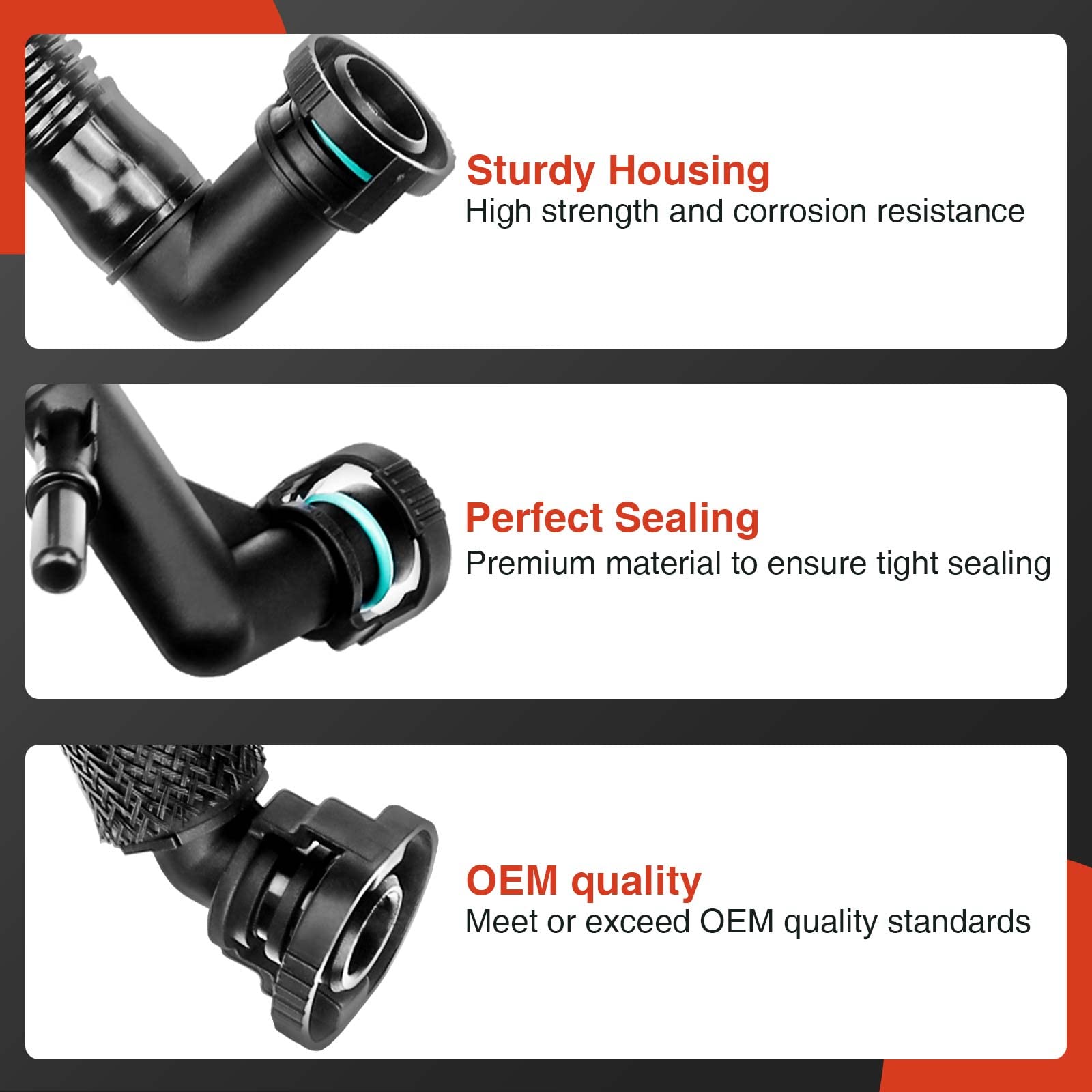 A-Premium crankcase-to-valve-cover hose assembly detail showing flexible material and leak prevention benefit