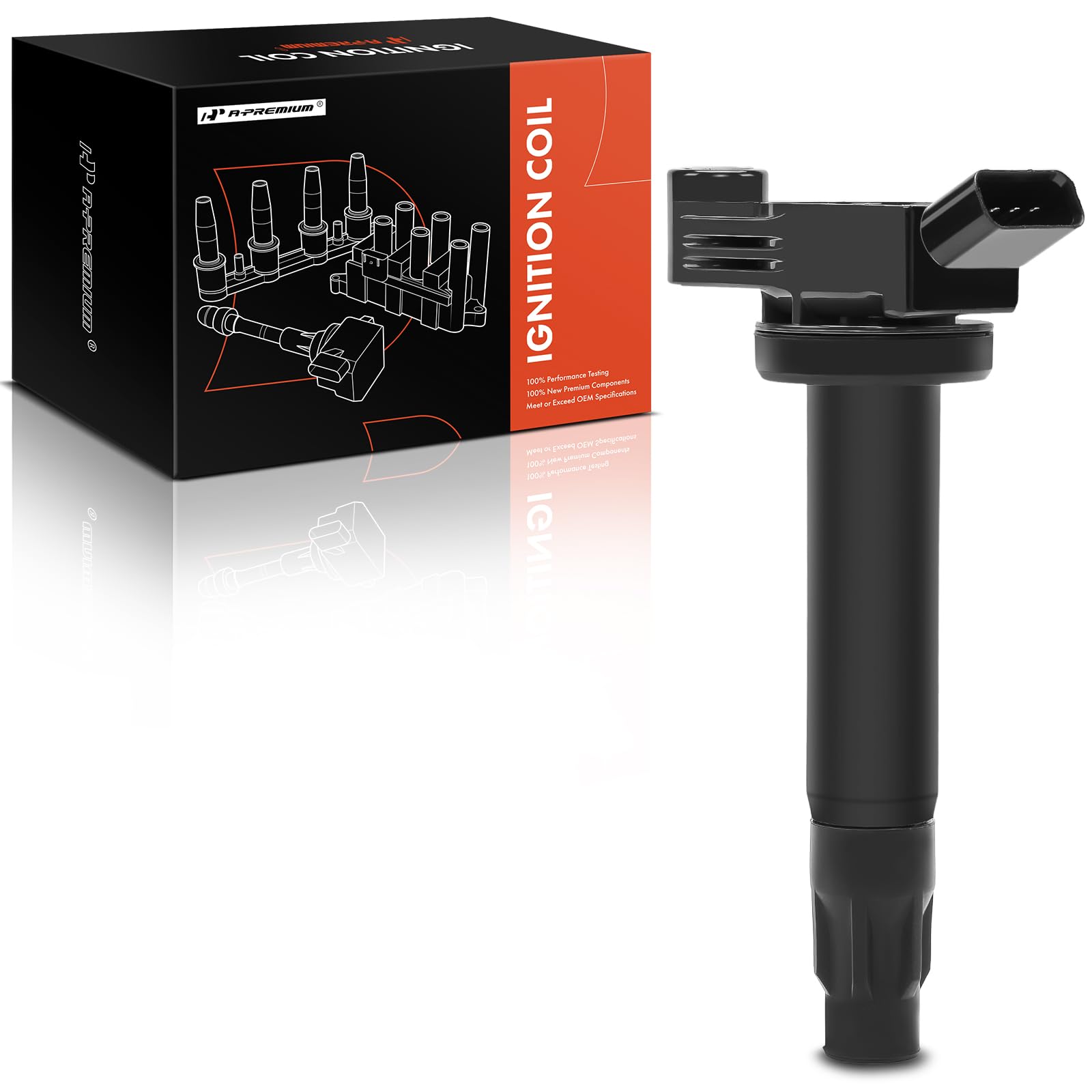 A-Premium ignition coil front view showing durable housing and direct-fit design benefit