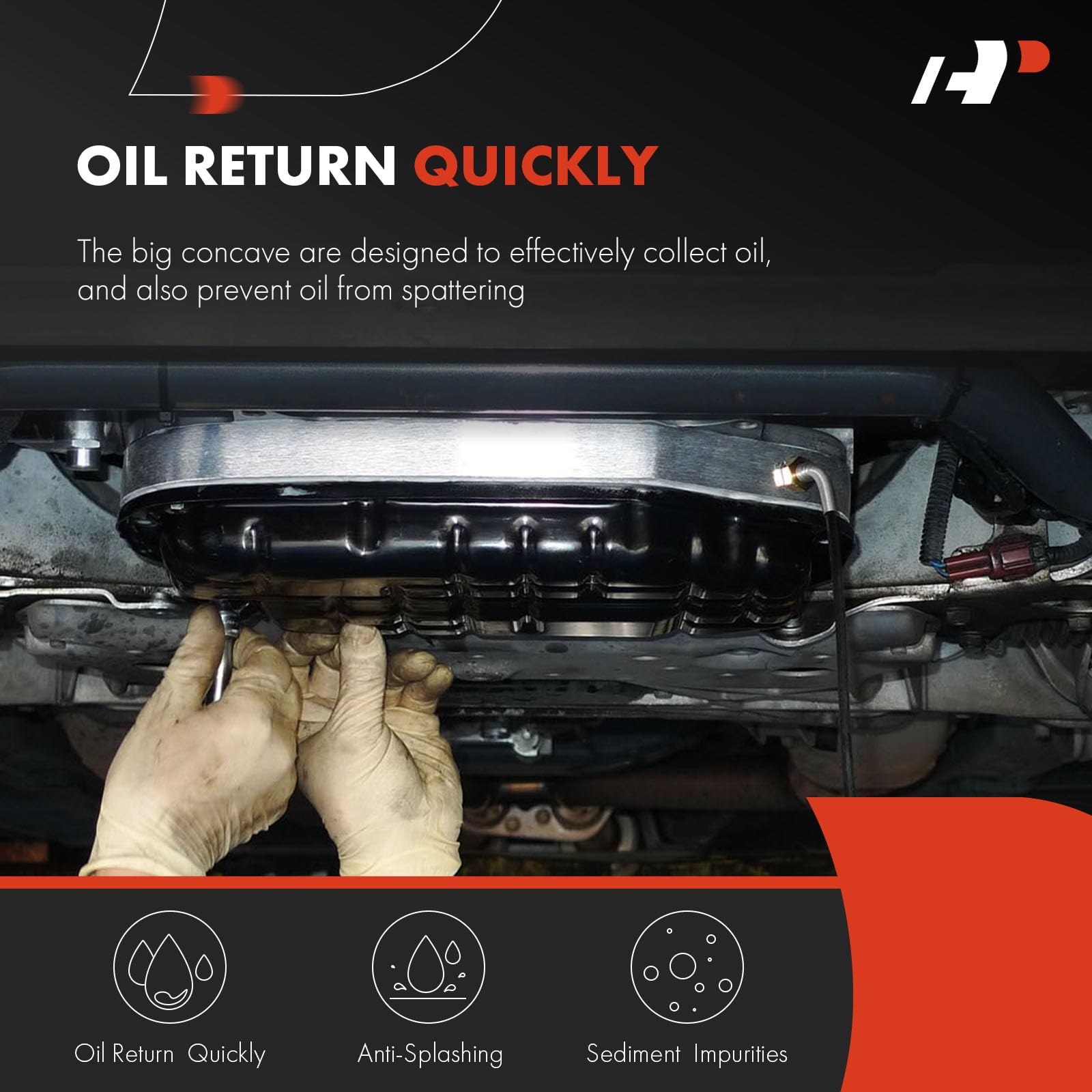 A-Premium oil pan installed under vehicle showing proper fit and restored oil containment
