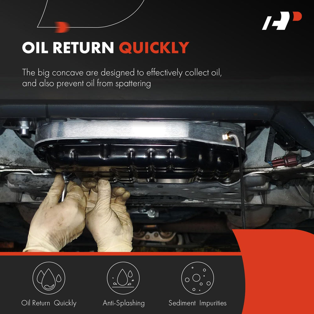 A-Premium oil pan installed under vehicle showing proper fit and restored oil containment