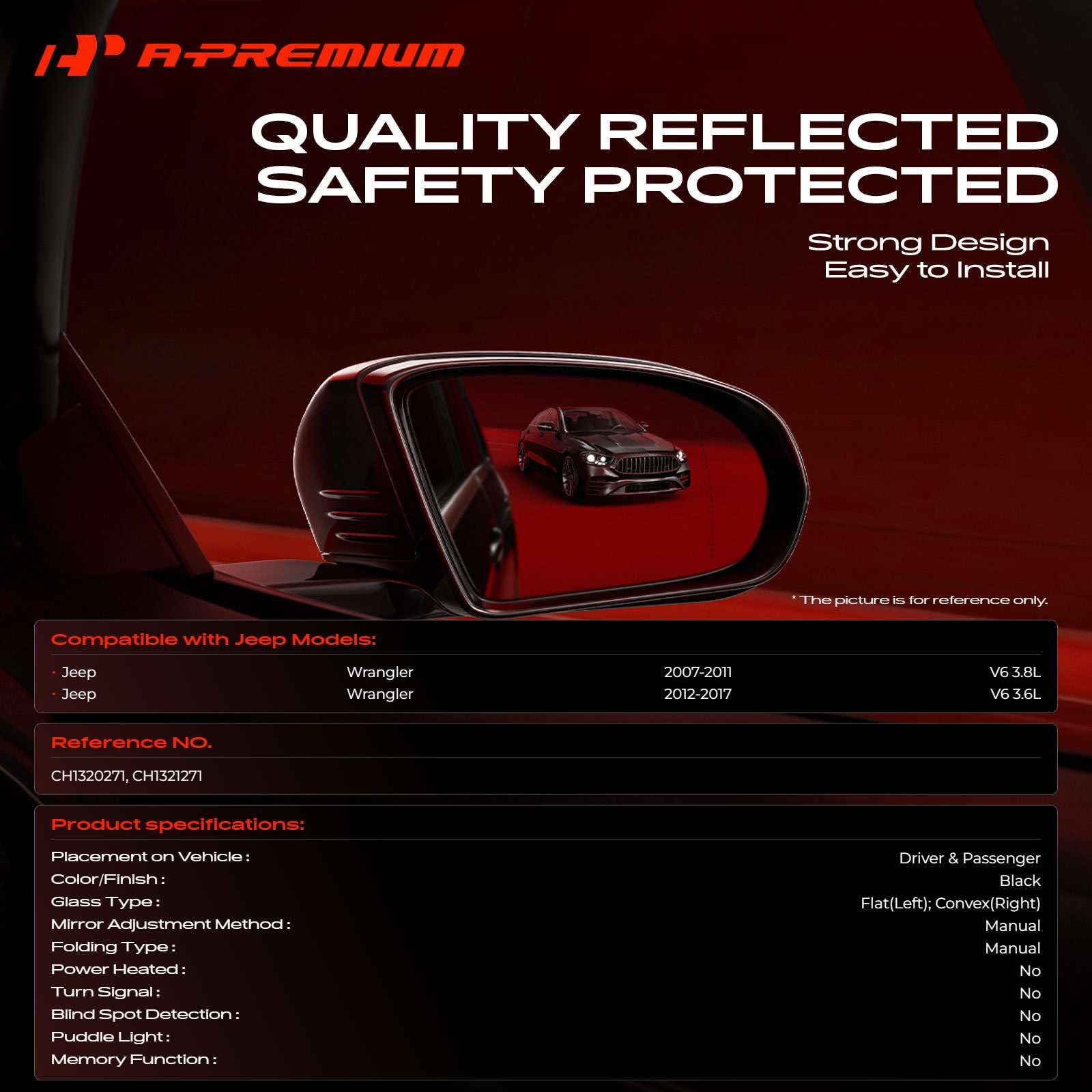 A-Premium left flat glass close-up showing clear reflection and durable finish