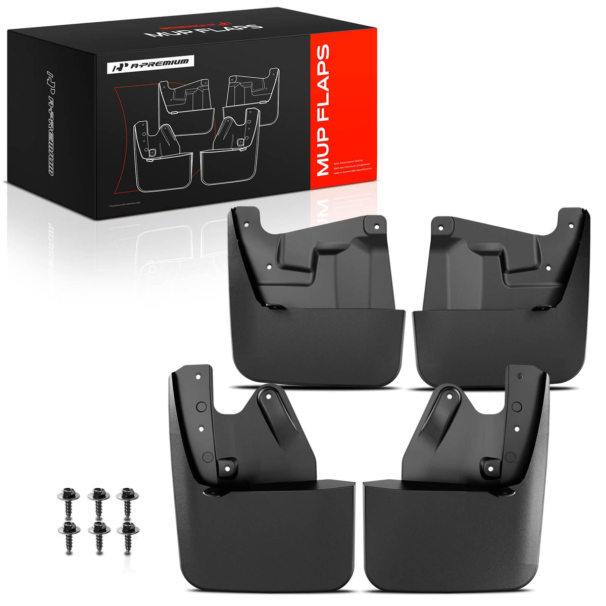 A-Premium packaging front view showing mud flaps and included benefits