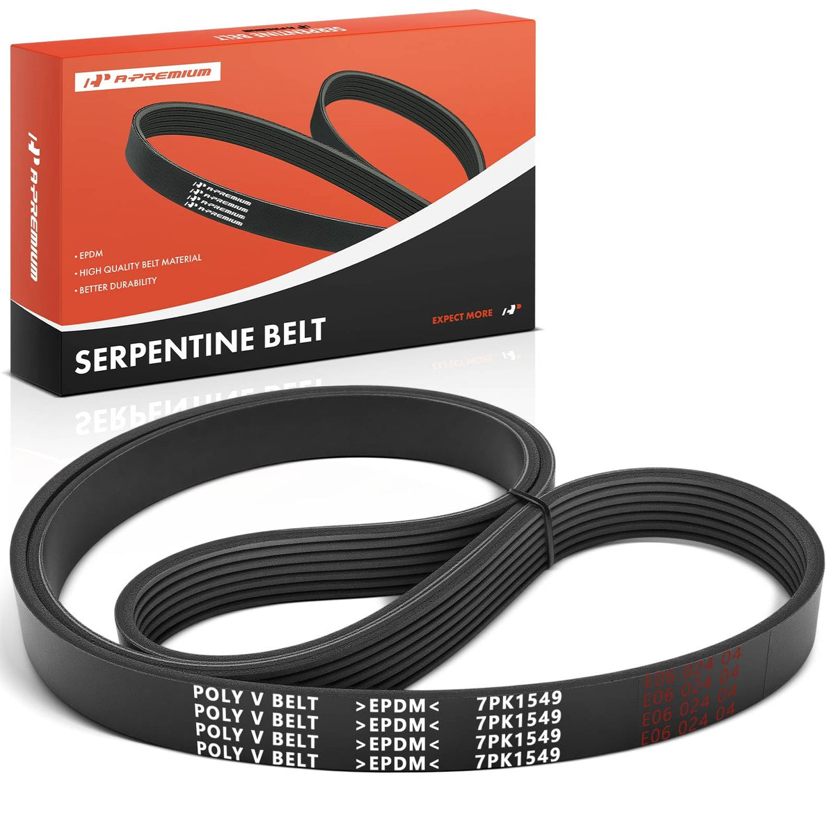 A-Premium serpentine belt front view showing full belt for direct-fit replacement