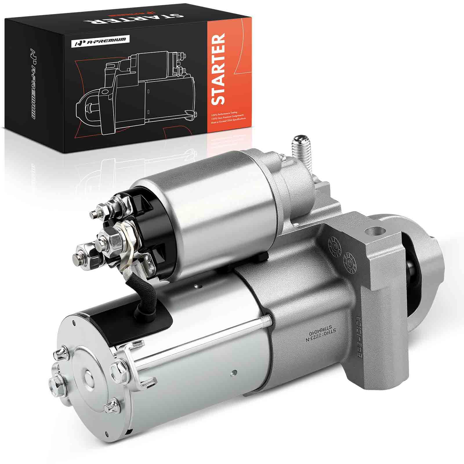 A-Premium starter motor in garage setting conveying professional-grade reliability