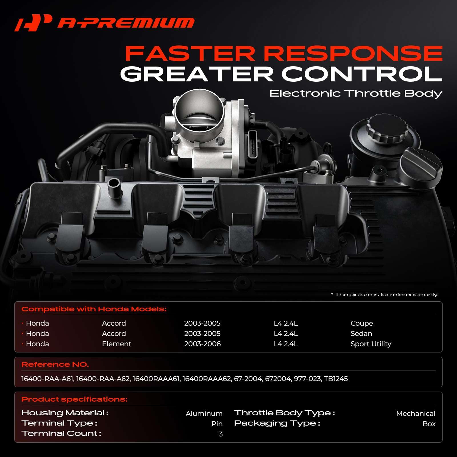 A-Premium throttle body connector detail with three-pin harness benefit