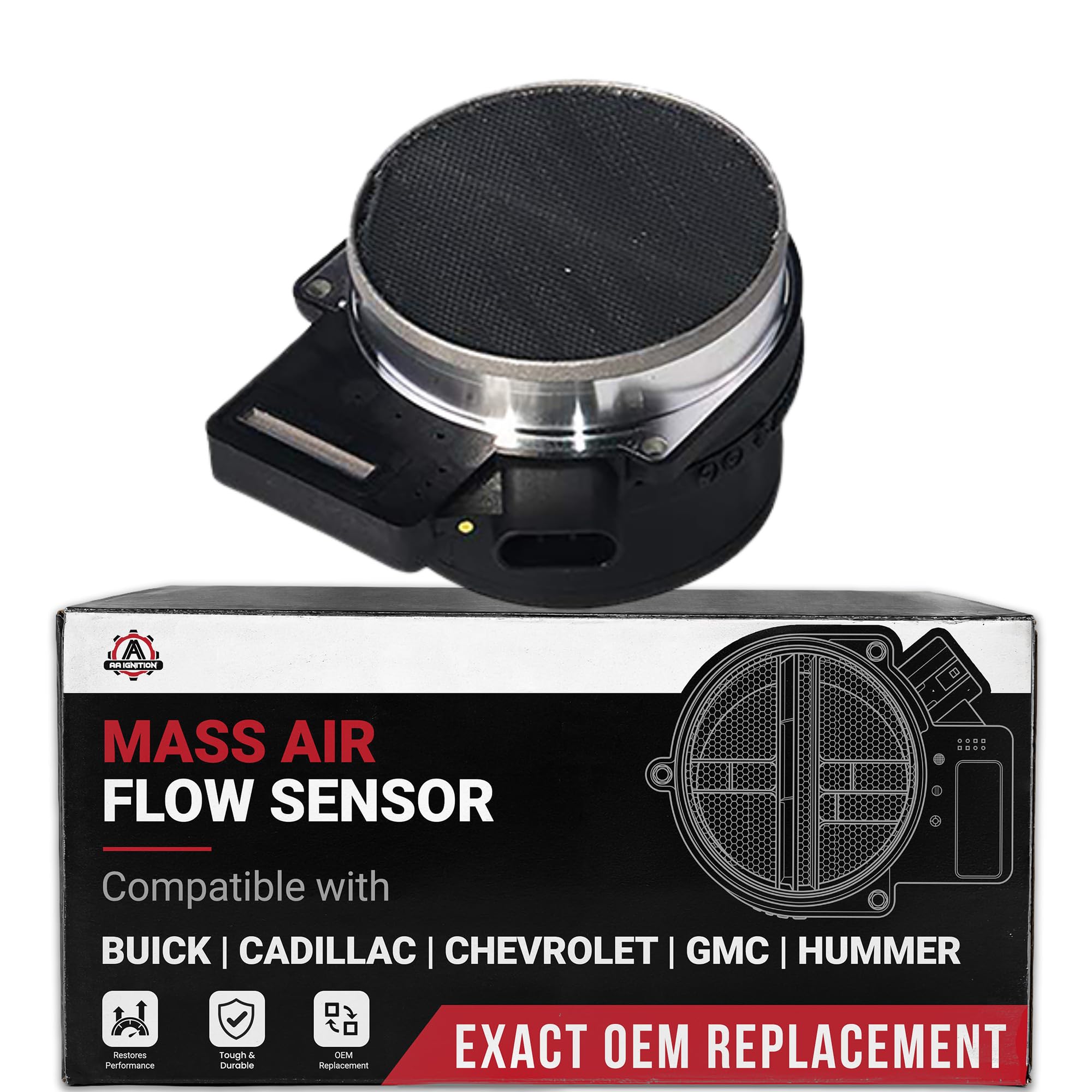 AA Ignition MAF front view showing compact direct-fit design and secure mounting