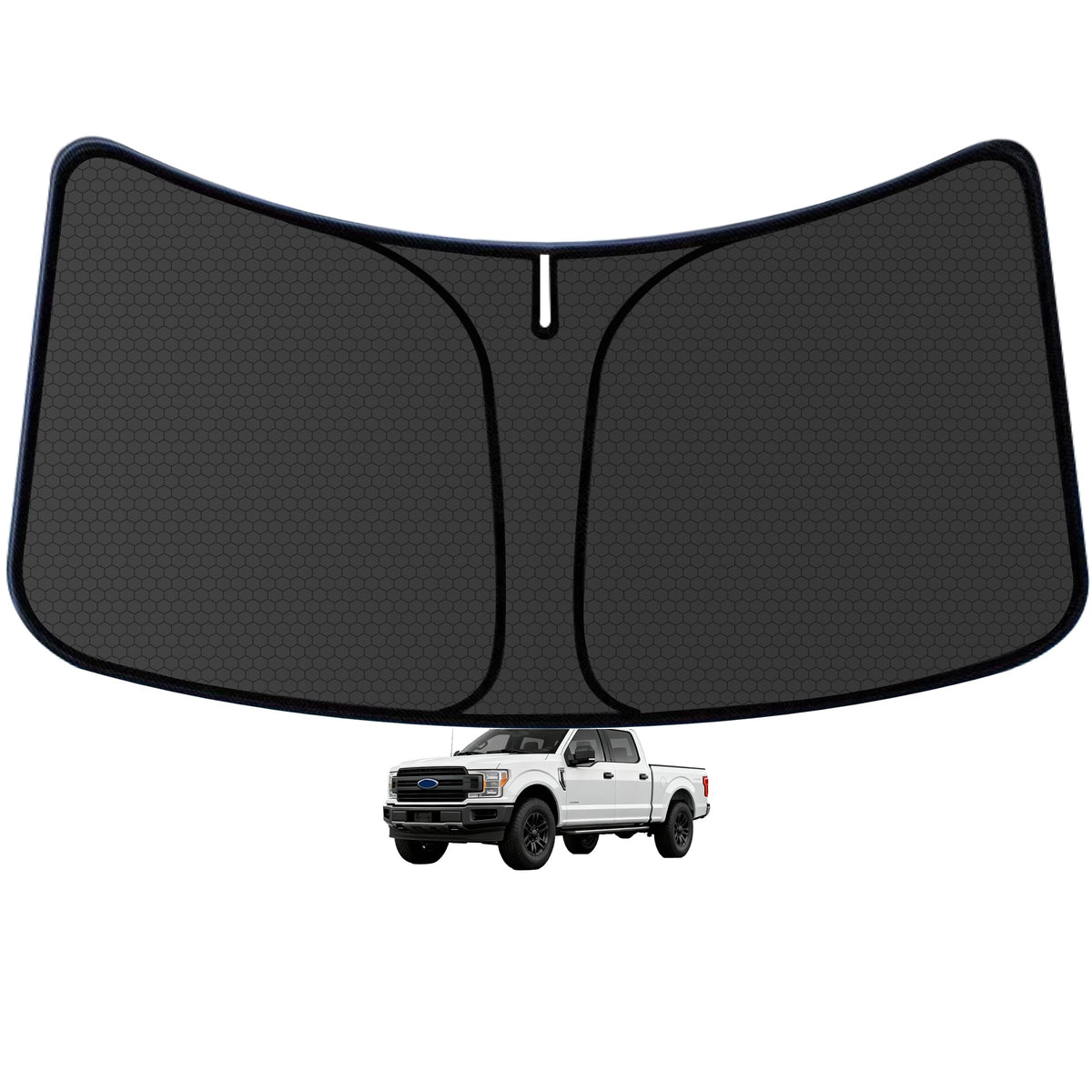 aatoppus F150 front view installed showing full windshield coverage and cooler cabin
