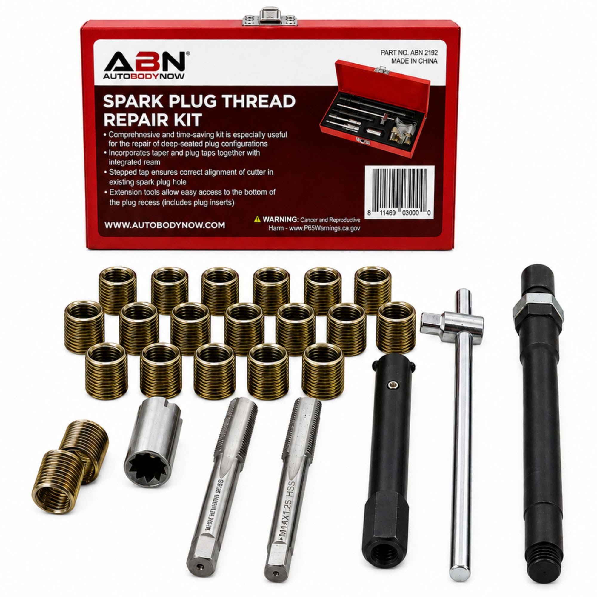 ABN front packaging showing complete 14mm rethreading kit and storage case benefit portability