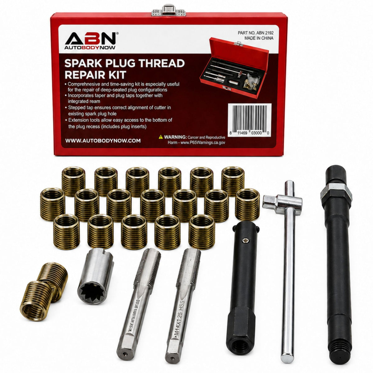 ABN front packaging showing complete 14mm rethreading kit and storage case benefit portability