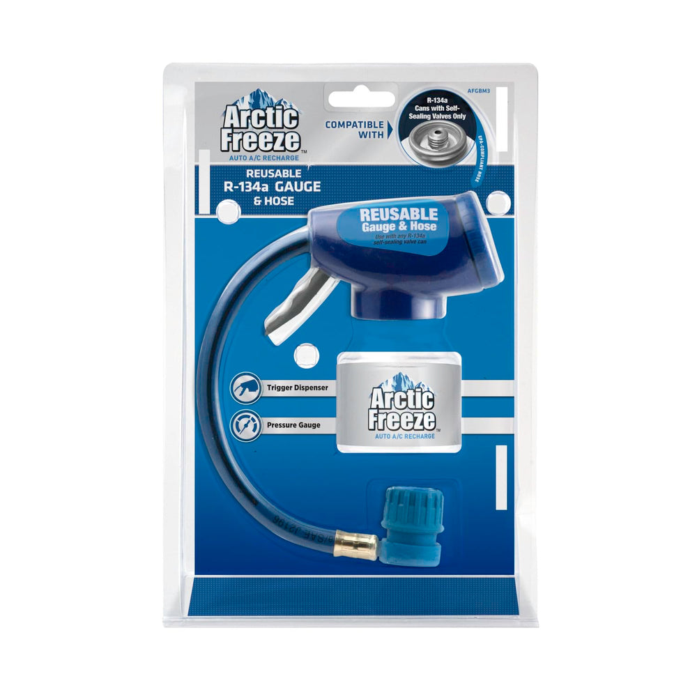 A/C Pro Arctic Freeze gauge and coupler displaying pressure for accurate recharges