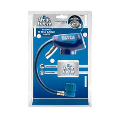 A/C Pro Arctic Freeze gauge and coupler displaying pressure for accurate recharges