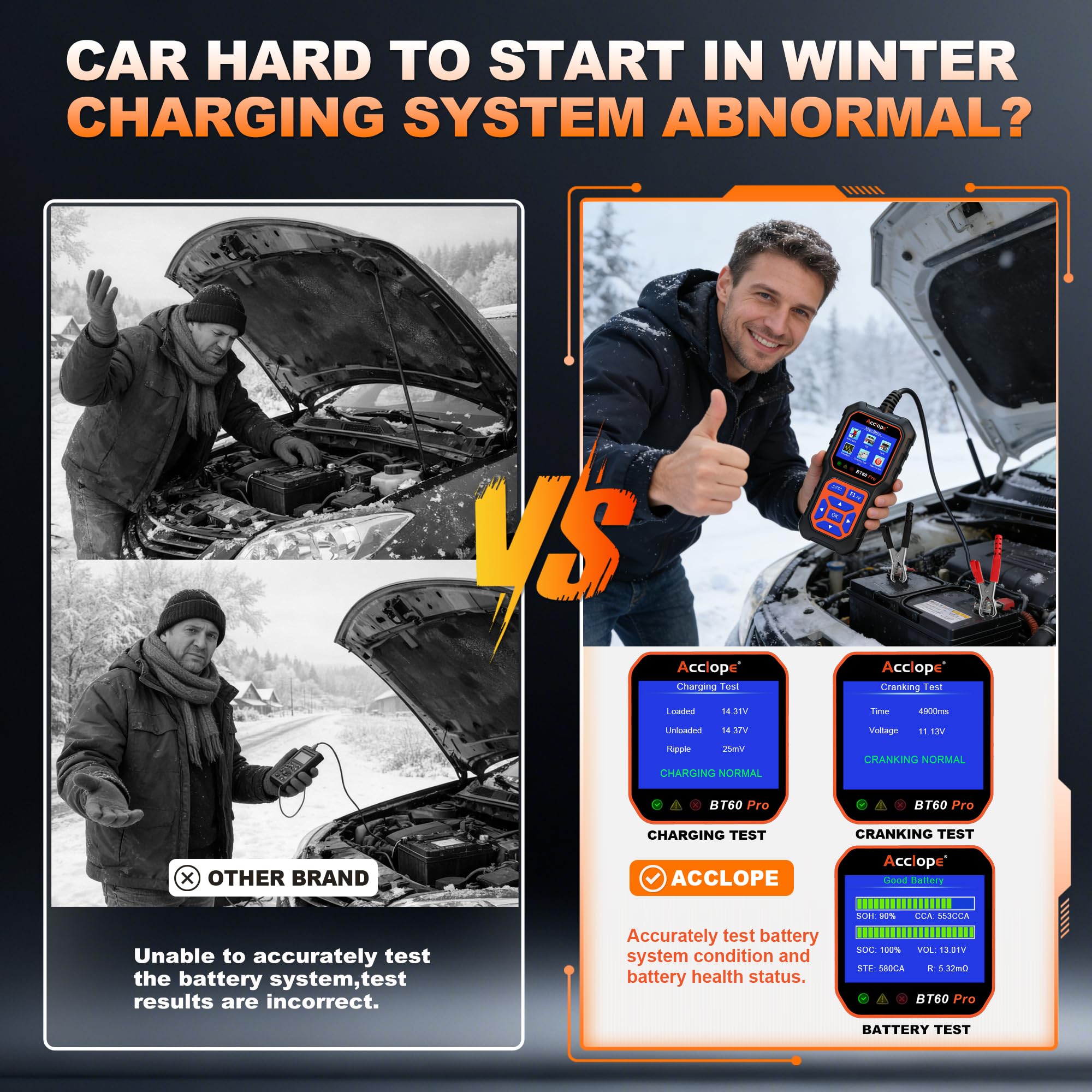 Acclope BT60 PRO showing 6V motorcycle mode screen for accurate small battery checks