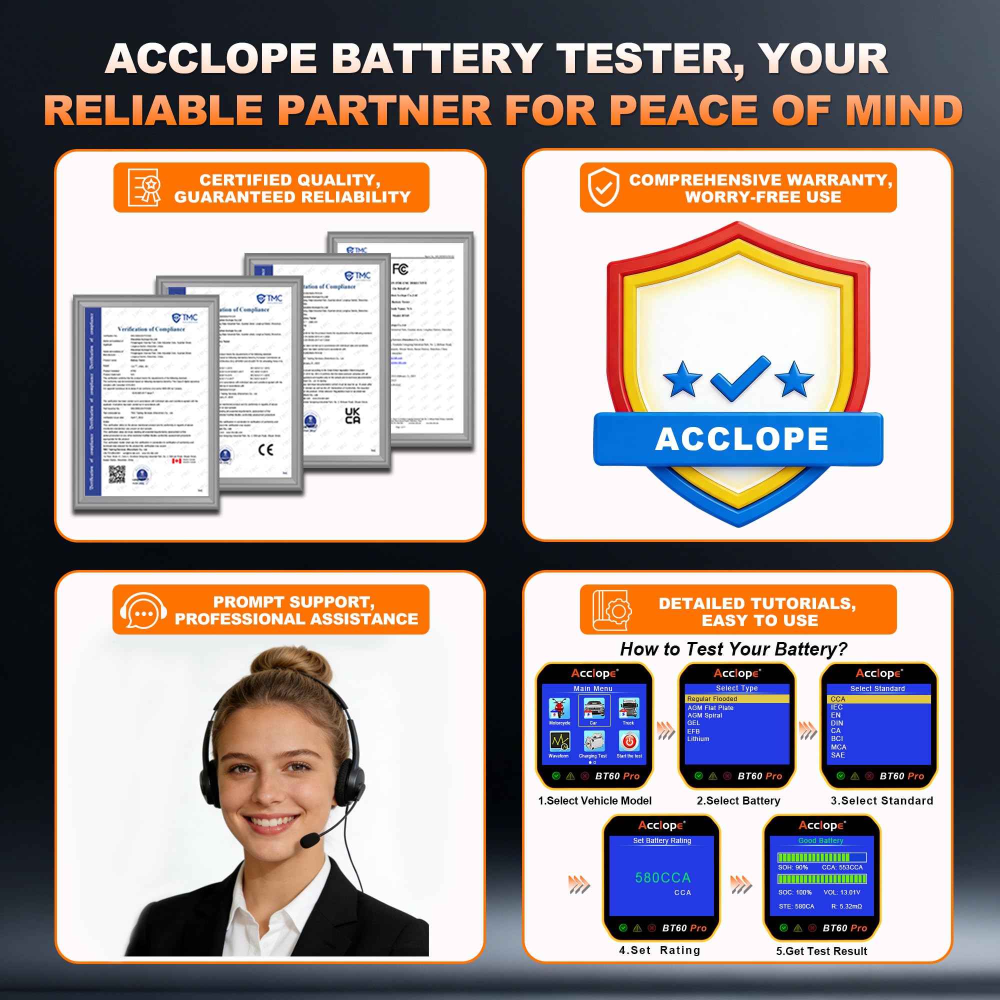 Acclope BT60 PRO screen close-up with waveform to visually diagnose cranking and charging issues