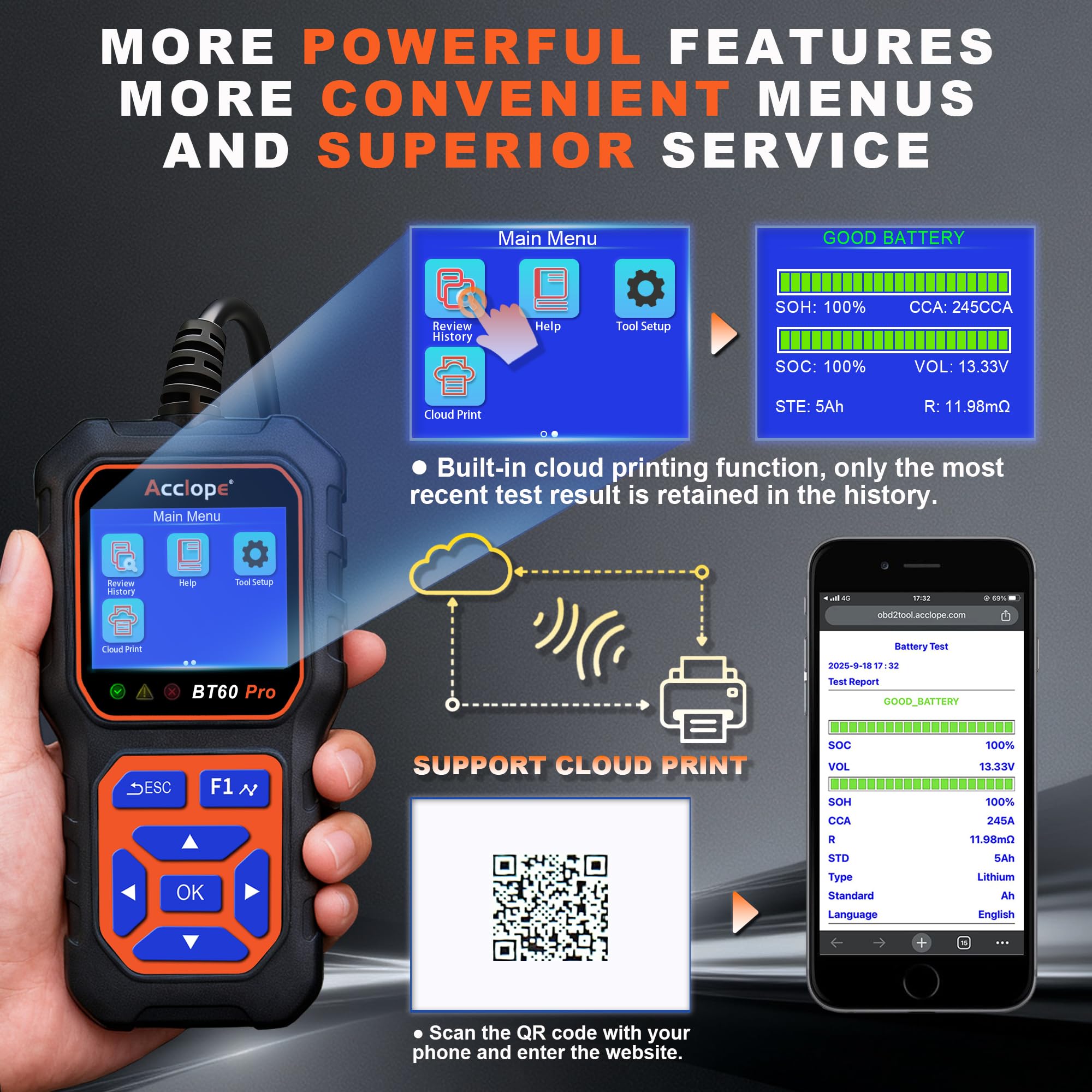 Acclope BT60 PRO connected to a car battery in use for fast diagnostics